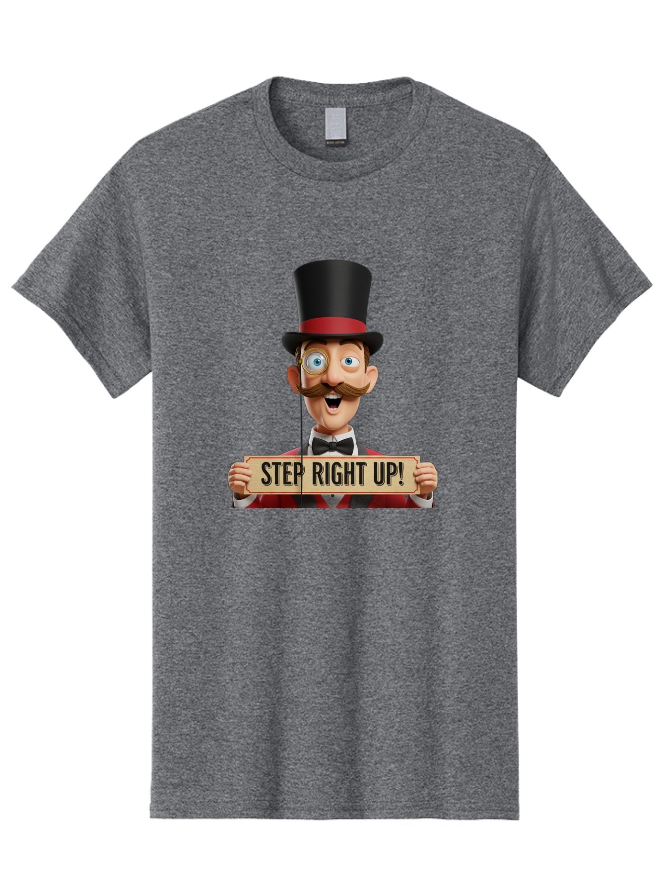 Step-Right-Up-3 Men'S Graphic Tee, 100% Cotton, Comfortable Casual Summer Wear, Machine Washable, Cartoon Ringmaster, Top Hat, Red Jacket, Green Vest, Vintage Style, Step Right Up Banner, Carnival Barker, Circus Theme, Victorian Era Fashion, Bad723 15