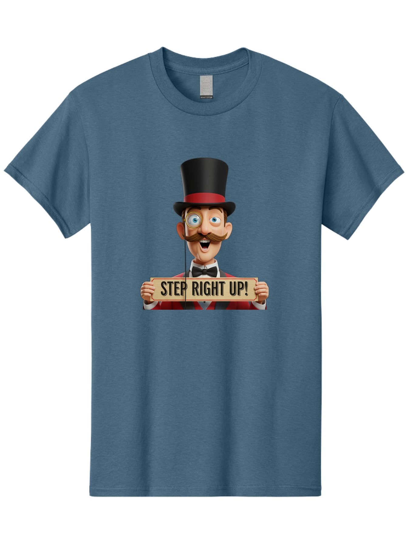 Step-Right-Up-3 Men'S Graphic Tee, 100% Cotton, Comfortable Casual Summer Wear, Machine Washable, Cartoon Ringmaster, Top Hat, Red Jacket, Green Vest, Vintage Style, Step Right Up Banner, Carnival Barker, Circus Theme, Victorian Era Fashion, Bad723