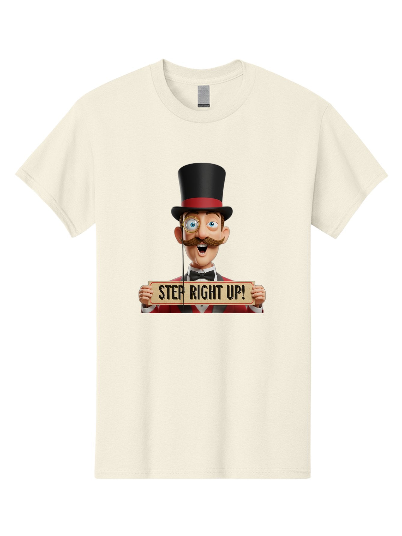 Step-Right-Up-3 Men'S Graphic Tee, 100% Cotton, Comfortable Casual Summer Wear, Machine Washable, Cartoon Ringmaster, Top Hat, Red Jacket, Green Vest, Vintage Style, Step Right Up Banner, Carnival Barker, Circus Theme, Victorian Era Fashion, Bad723 8