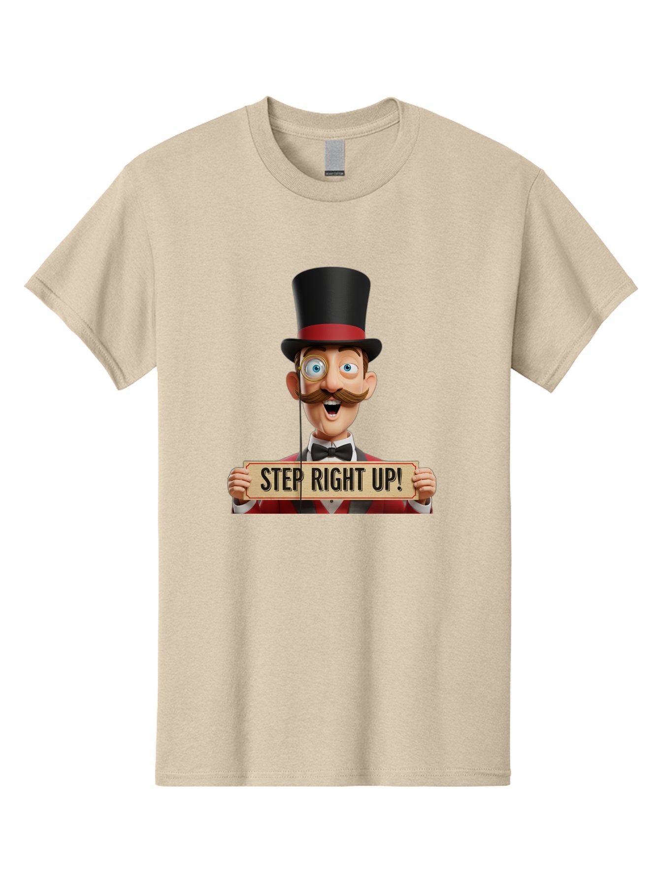 Step-Right-Up-3 Men'S Graphic Tee, 100% Cotton, Comfortable Casual Summer Wear, Machine Washable, Cartoon Ringmaster, Top Hat, Red Jacket, Green Vest, Vintage Style, Step Right Up Banner, Carnival Barker, Circus Theme, Victorian Era Fashion, Bad723 12