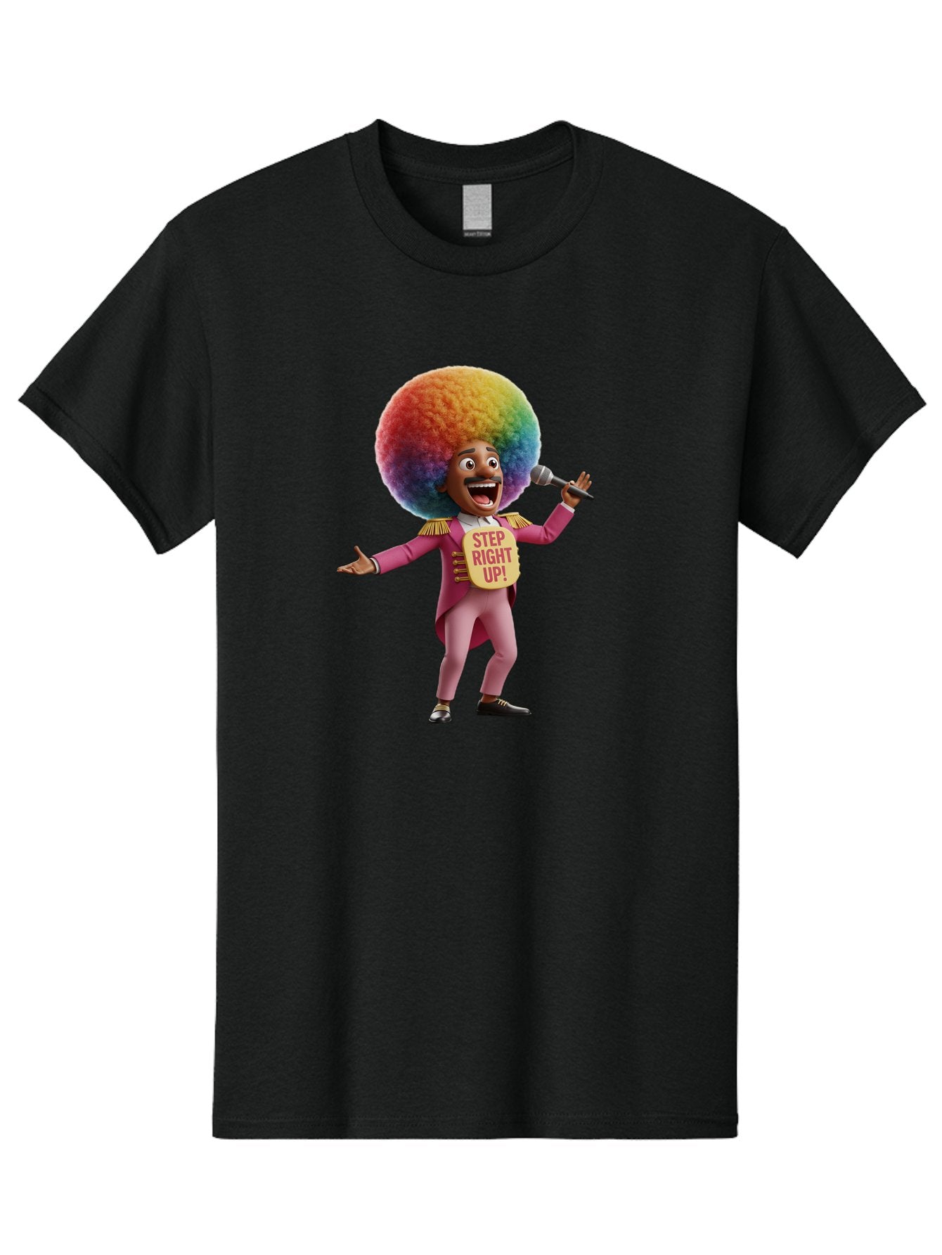 Step-Right-Up-4 Men'S Graphic Tee, 100% Cotton, Comfortable Casual Summer Wear, Machine Washable, Cartoon Character, Colorful Afro, Pink Suit, Microphone, Playful Pose, Lively Expression, Entertainer, Showmanship, Charismatic Personality, Bad724 5