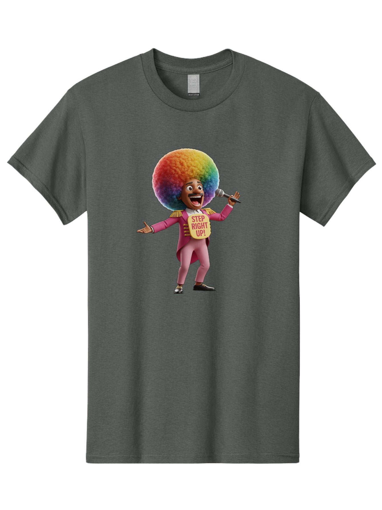 Step-Right-Up-4 Men'S Graphic Tee, 100% Cotton, Comfortable Casual Summer Wear, Machine Washable, Cartoon Character, Colorful Afro, Pink Suit, Microphone, Playful Pose, Lively Expression, Entertainer, Showmanship, Charismatic Personality, Bad724 7