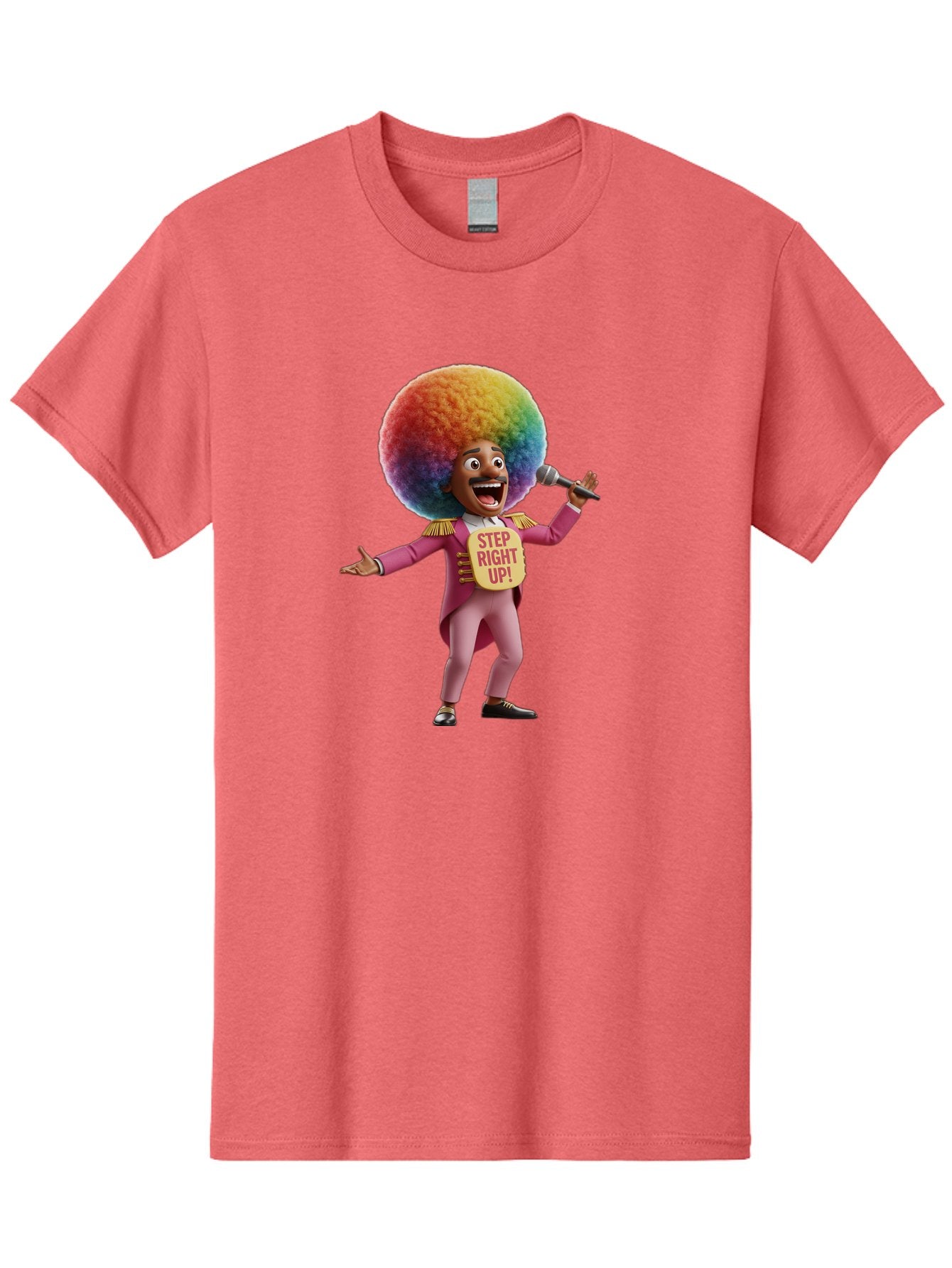 Step-Right-Up-4 Men'S Graphic Tee, 100% Cotton, Comfortable Casual Summer Wear, Machine Washable, Cartoon Character, Colorful Afro, Pink Suit, Microphone, Playful Pose, Lively Expression, Entertainer, Showmanship, Charismatic Personality, Bad724 14