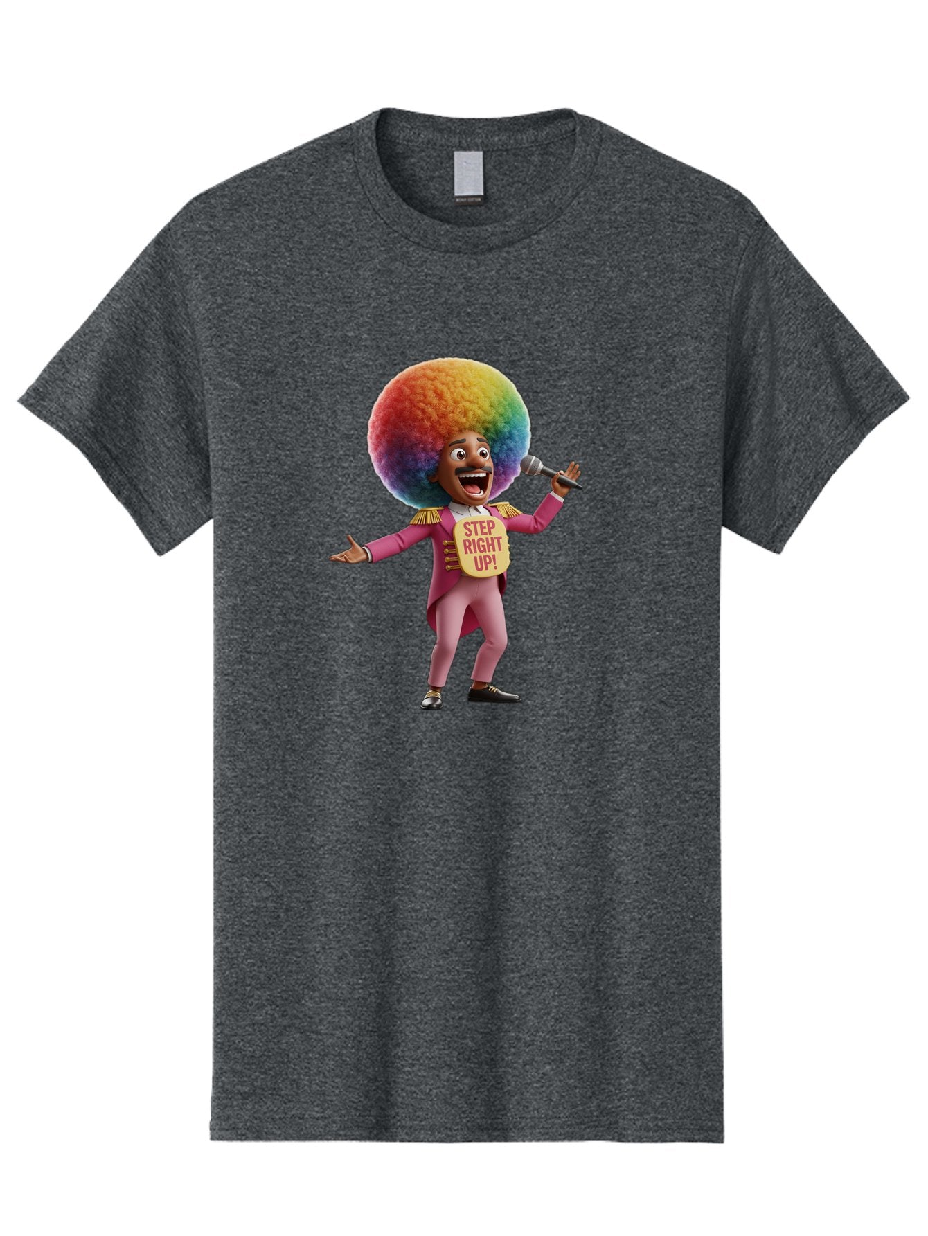 Step-Right-Up-4 Men'S Graphic Tee, 100% Cotton, Comfortable Casual Summer Wear, Machine Washable, Cartoon Character, Colorful Afro, Pink Suit, Microphone, Playful Pose, Lively Expression, Entertainer, Showmanship, Charismatic Personality, Bad724 15
