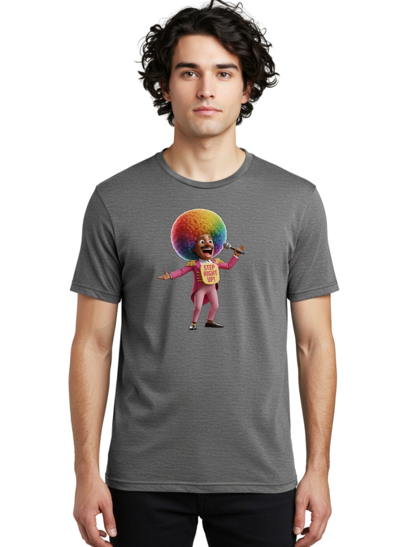 Step-Right-Up-4 Men'S Graphic Tee, 100% Cotton, Comfortable Casual Summer Wear, Machine Washable, Cartoon Character, Colorful Afro, Pink Suit, Microphone, Playful Pose, Lively Expression, Entertainer, Showmanship, Charismatic Personality, Bad724 19