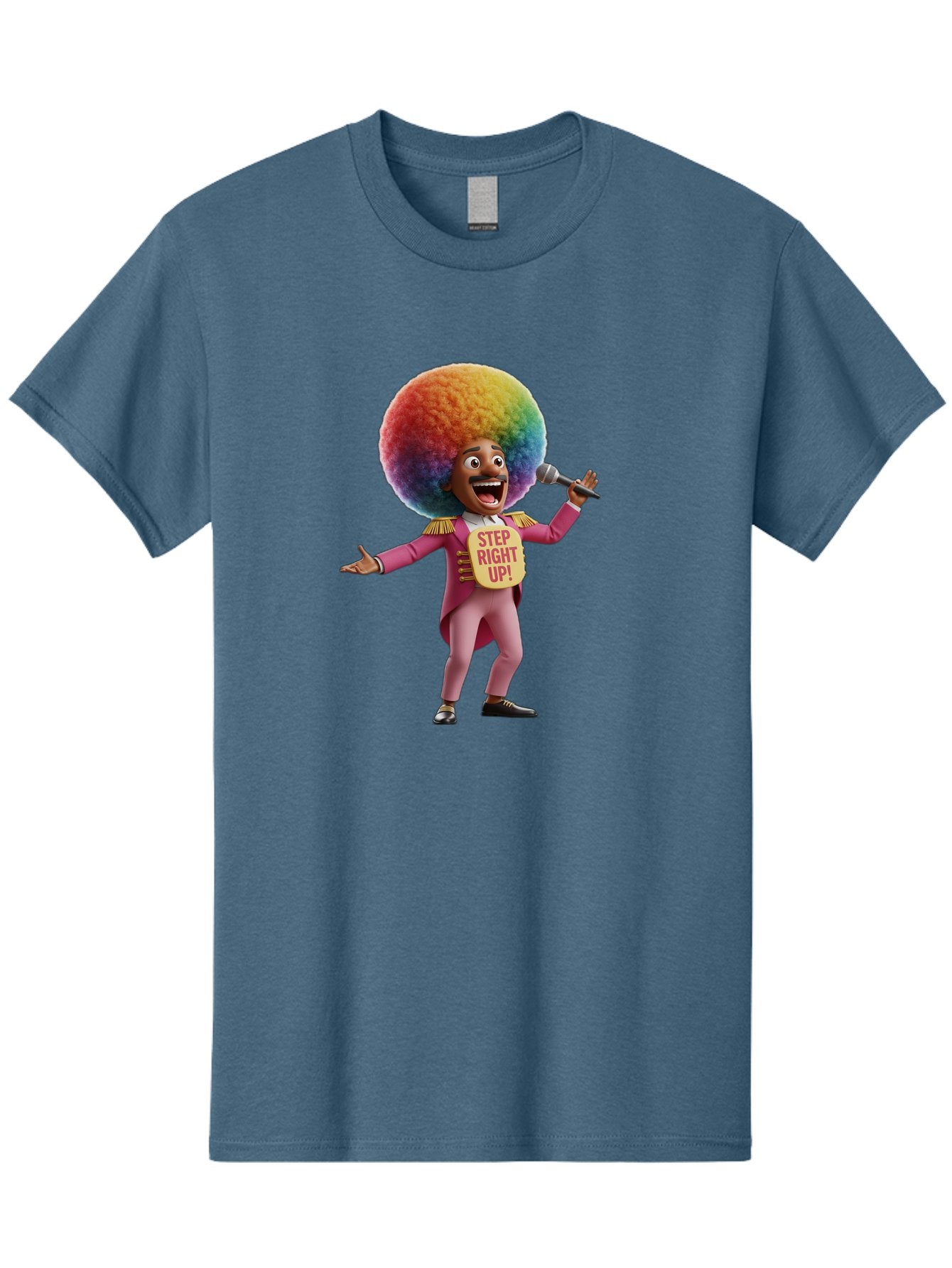 Step-Right-Up-4 Men'S Graphic Tee, 100% Cotton, Comfortable Casual Summer Wear, Machine Washable, Cartoon Character, Colorful Afro, Pink Suit, Microphone, Playful Pose, Lively Expression, Entertainer, Showmanship, Charismatic Personality, Bad724 3