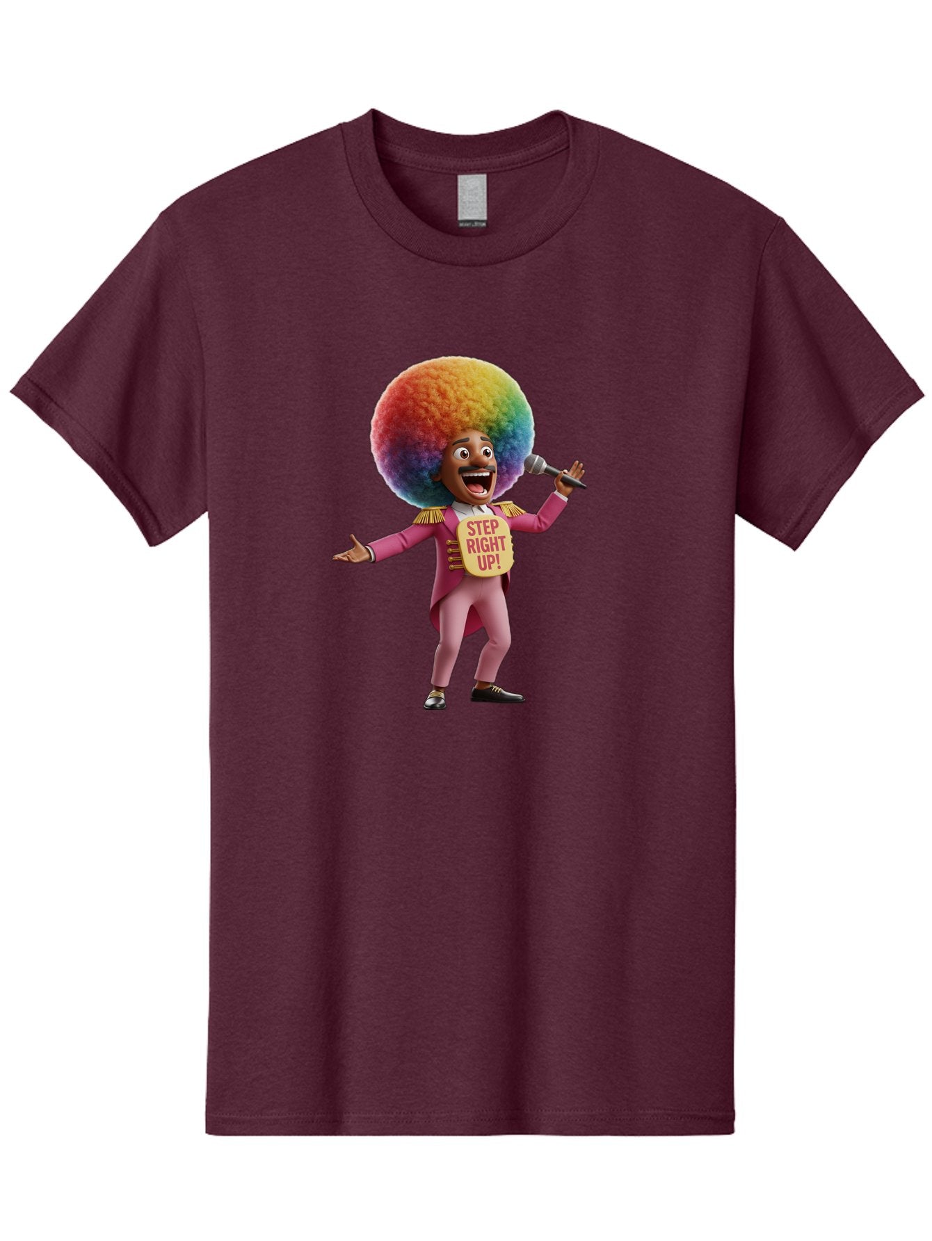 Step-Right-Up-4 Men'S Graphic Tee, 100% Cotton, Comfortable Casual Summer Wear, Machine Washable, Cartoon Character, Colorful Afro, Pink Suit, Microphone, Playful Pose, Lively Expression, Entertainer, Showmanship, Charismatic Personality, Bad724 12