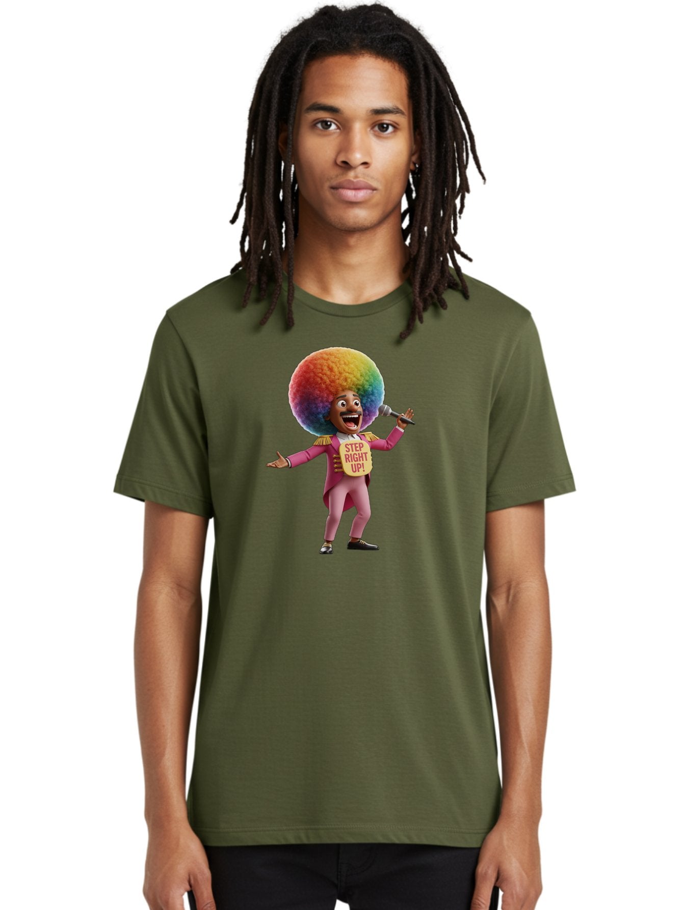 Step-Right-Up-4 Men'S Graphic Tee, 100% Cotton, Comfortable Casual Summer Wear, Machine Washable, Cartoon Character, Colorful Afro, Pink Suit, Microphone, Playful Pose, Lively Expression, Entertainer, Showmanship, Charismatic Personality, Bad724 24