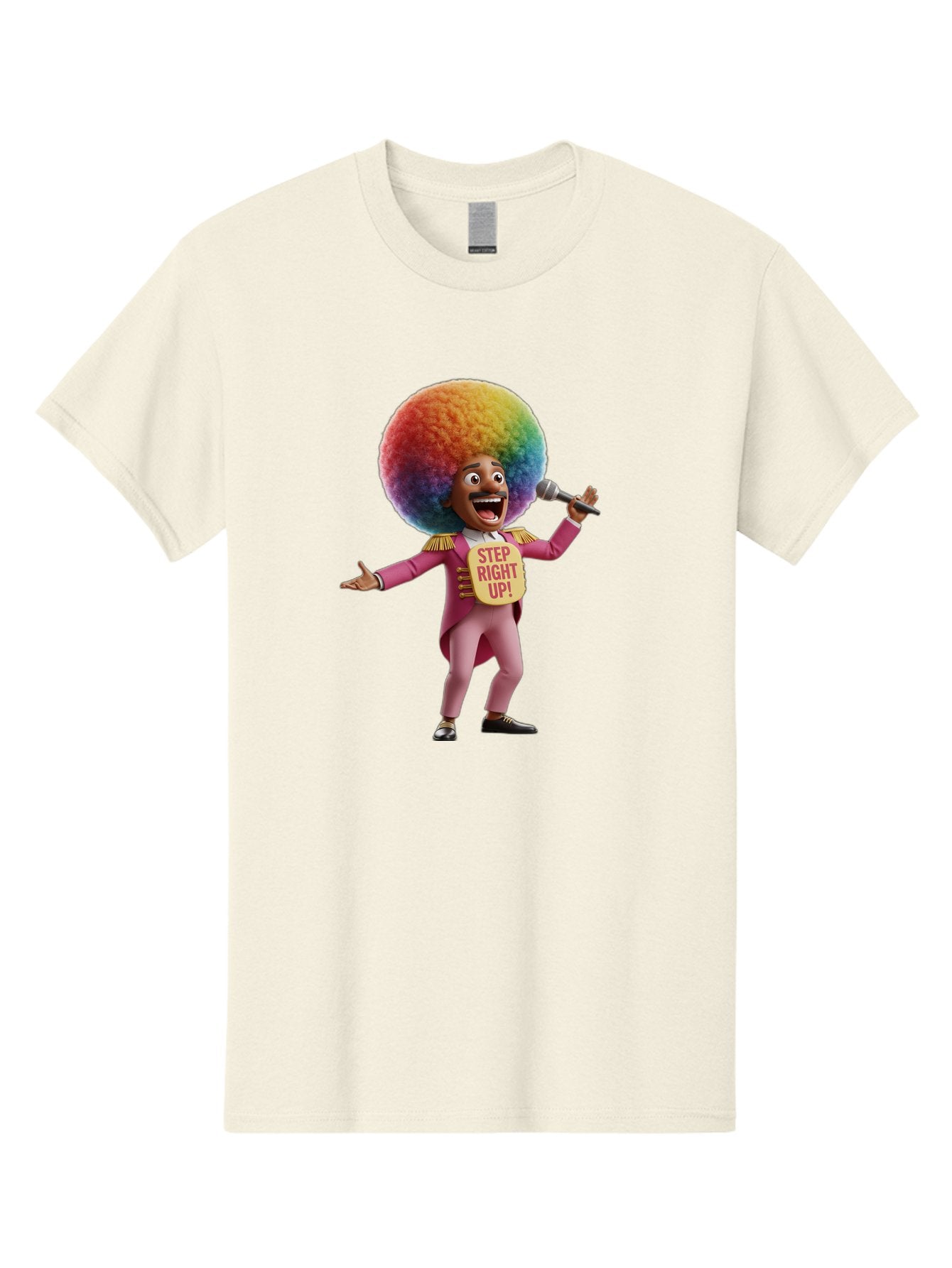 Step-Right-Up-4 Men'S Graphic Tee, 100% Cotton, Comfortable Casual Summer Wear, Machine Washable, Cartoon Character, Colorful Afro, Pink Suit, Microphone, Playful Pose, Lively Expression, Entertainer, Showmanship, Charismatic Personality, Bad724 4