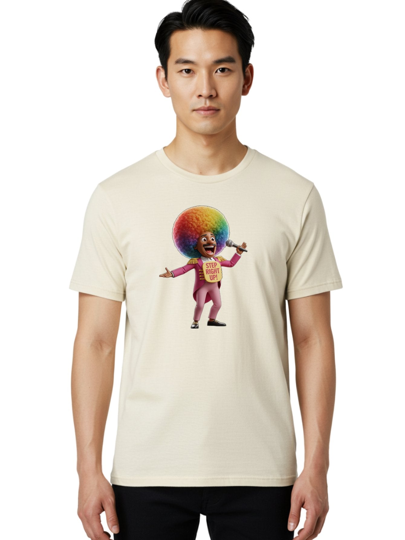 Step-Right-Up-4 Men'S Graphic Tee, 100% Cotton, Comfortable Casual Summer Wear, Machine Washable, Cartoon Character, Colorful Afro, Pink Suit, Microphone, Playful Pose, Lively Expression, Entertainer, Showmanship, Charismatic Personality, Bad724 18