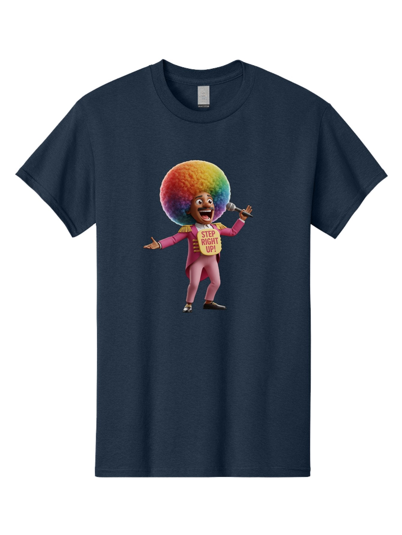 Step-Right-Up-4 Men'S Graphic Tee, 100% Cotton, Comfortable Casual Summer Wear, Machine Washable, Cartoon Character, Colorful Afro, Pink Suit, Microphone, Playful Pose, Lively Expression, Entertainer, Showmanship, Charismatic Personality, Bad724 11