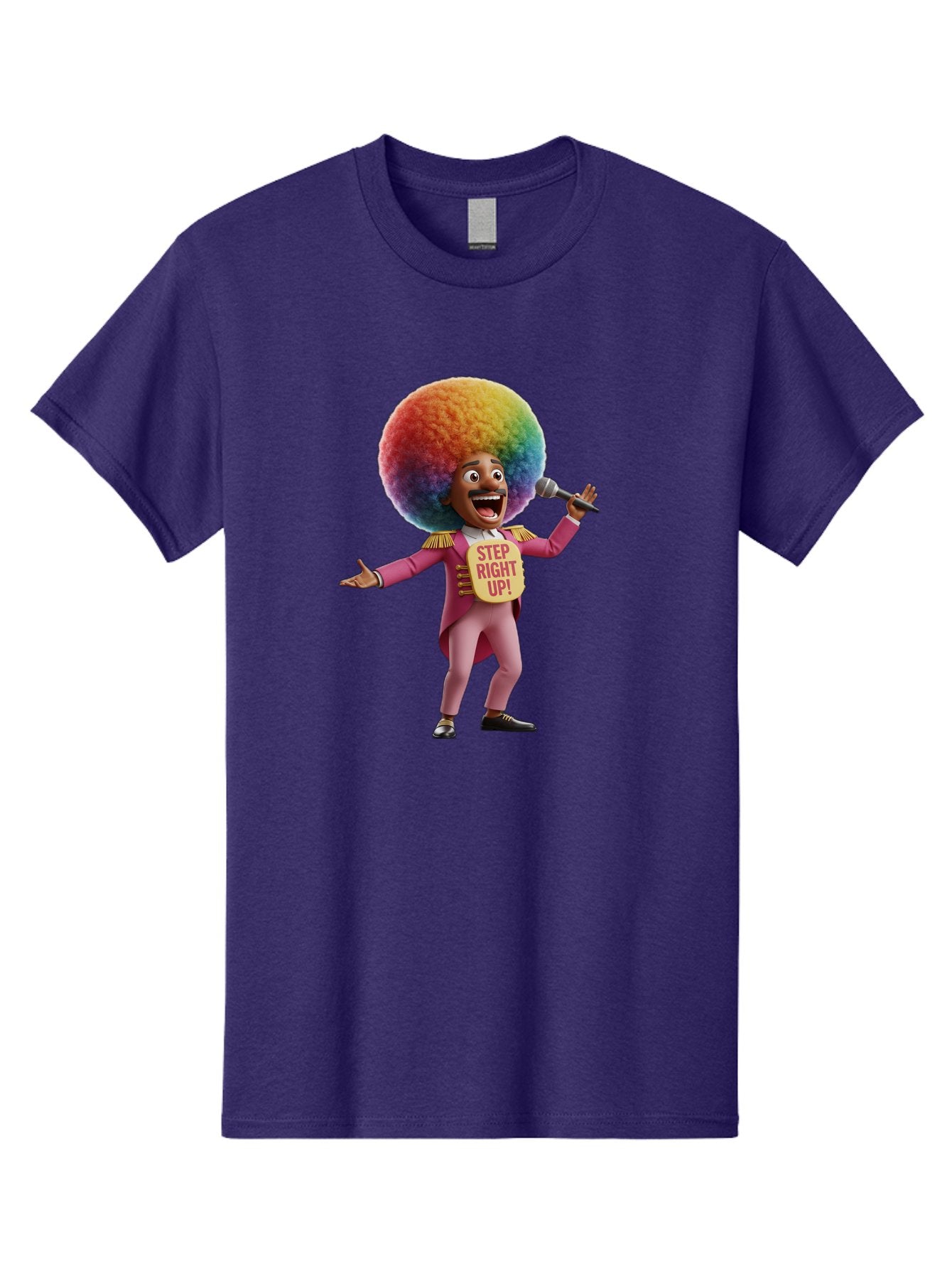 Step-Right-Up-4 Men'S Graphic Tee, 100% Cotton, Comfortable Casual Summer Wear, Machine Washable, Cartoon Character, Colorful Afro, Pink Suit, Microphone, Playful Pose, Lively Expression, Entertainer, Showmanship, Charismatic Personality, Bad724