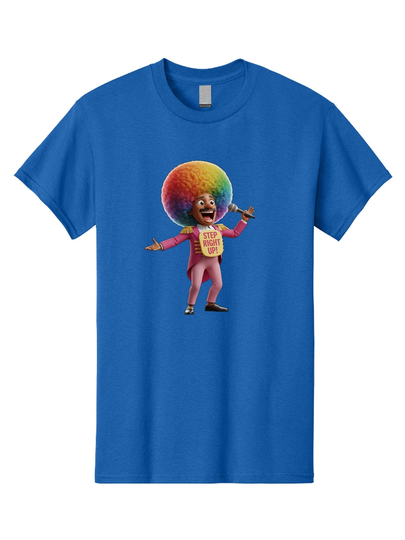 Step-Right-Up-4 Men'S Graphic Tee, 100% Cotton, Comfortable Casual Summer Wear, Machine Washable, Cartoon Character, Colorful Afro, Pink Suit, Microphone, Playful Pose, Lively Expression, Entertainer, Showmanship, Charismatic Personality, Bad724 8