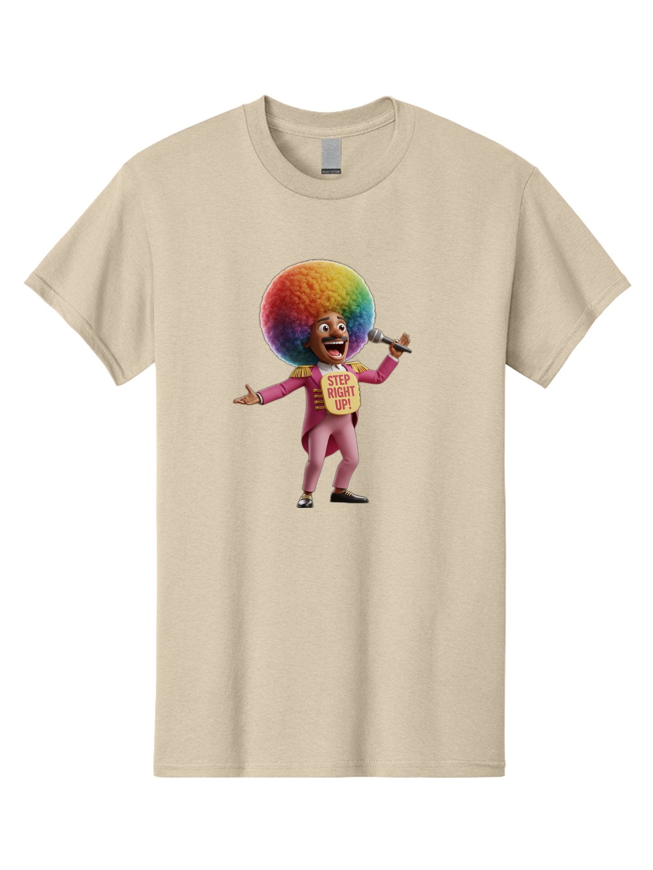 Step-Right-Up-4 Men'S Graphic Tee, 100% Cotton, Comfortable Casual Summer Wear, Machine Washable, Cartoon Character, Colorful Afro, Pink Suit, Microphone, Playful Pose, Lively Expression, Entertainer, Showmanship, Charismatic Personality, Bad724 9