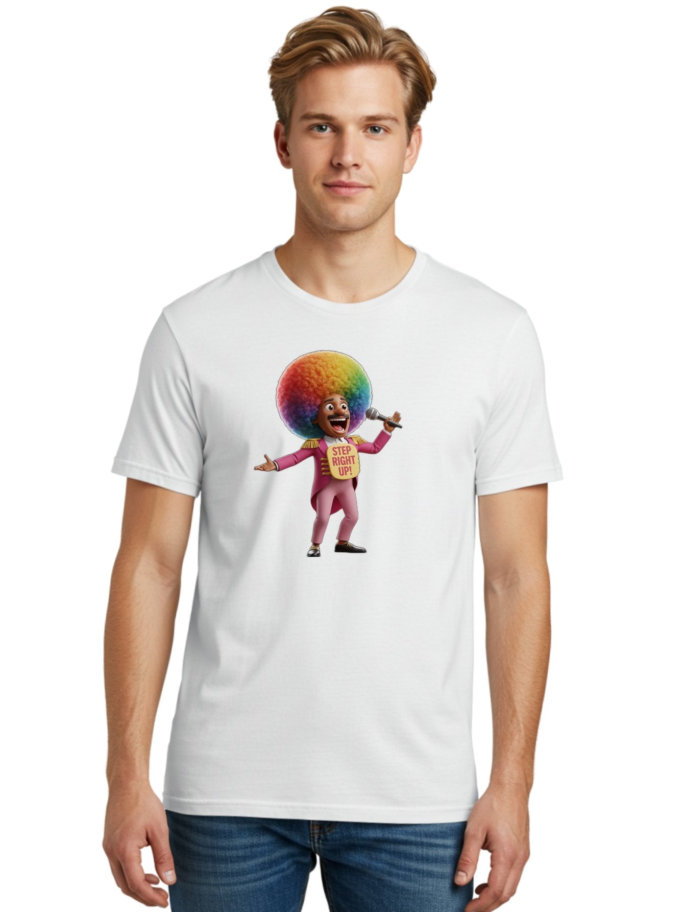 Step-Right-Up-4 Men'S Graphic Tee, 100% Cotton, Comfortable Casual Summer Wear, Machine Washable, Cartoon Character, Colorful Afro, Pink Suit, Microphone, Playful Pose, Lively Expression, Entertainer, Showmanship, Charismatic Personality, Bad724 20