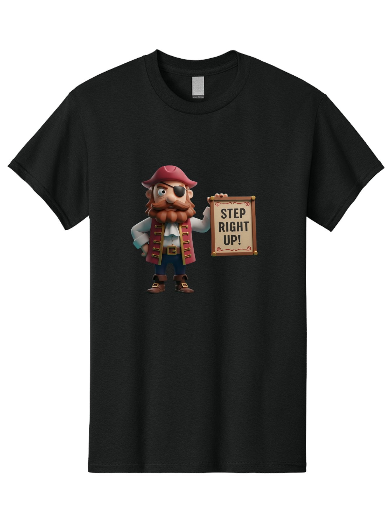 Step-Right-Up Men'S Graphic Tee, 100% Cotton, Comfortable Casual Summer Wear, Machine Washable, Pirate Character, Cartoon Illustration, Step Right Up Sign, Pirate Costume, Red Hat, Eye Patch, Curly Beard, Vintage Style, Playful Atmosphere, Bad725