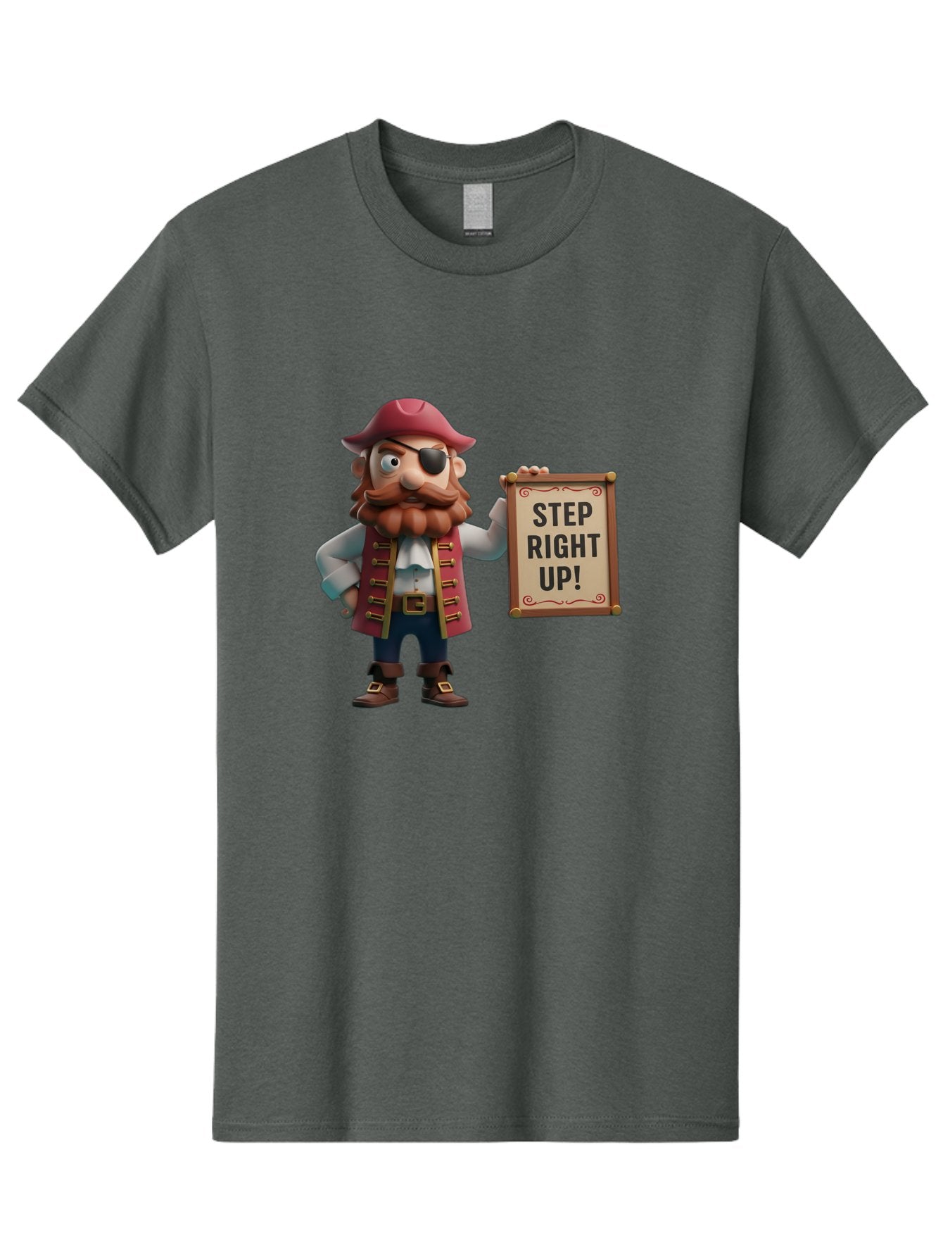 Step-Right-Up Men'S Graphic Tee, 100% Cotton, Comfortable Casual Summer Wear, Machine Washable, Pirate Character, Cartoon Illustration, Step Right Up Sign, Pirate Costume, Red Hat, Eye Patch, Curly Beard, Vintage Style, Playful Atmosphere, Bad725 15