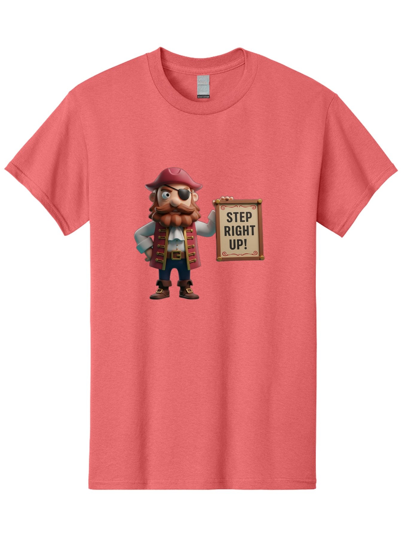 Step-Right-Up Men'S Graphic Tee, 100% Cotton, Comfortable Casual Summer Wear, Machine Washable, Pirate Character, Cartoon Illustration, Step Right Up Sign, Pirate Costume, Red Hat, Eye Patch, Curly Beard, Vintage Style, Playful Atmosphere, Bad725 10