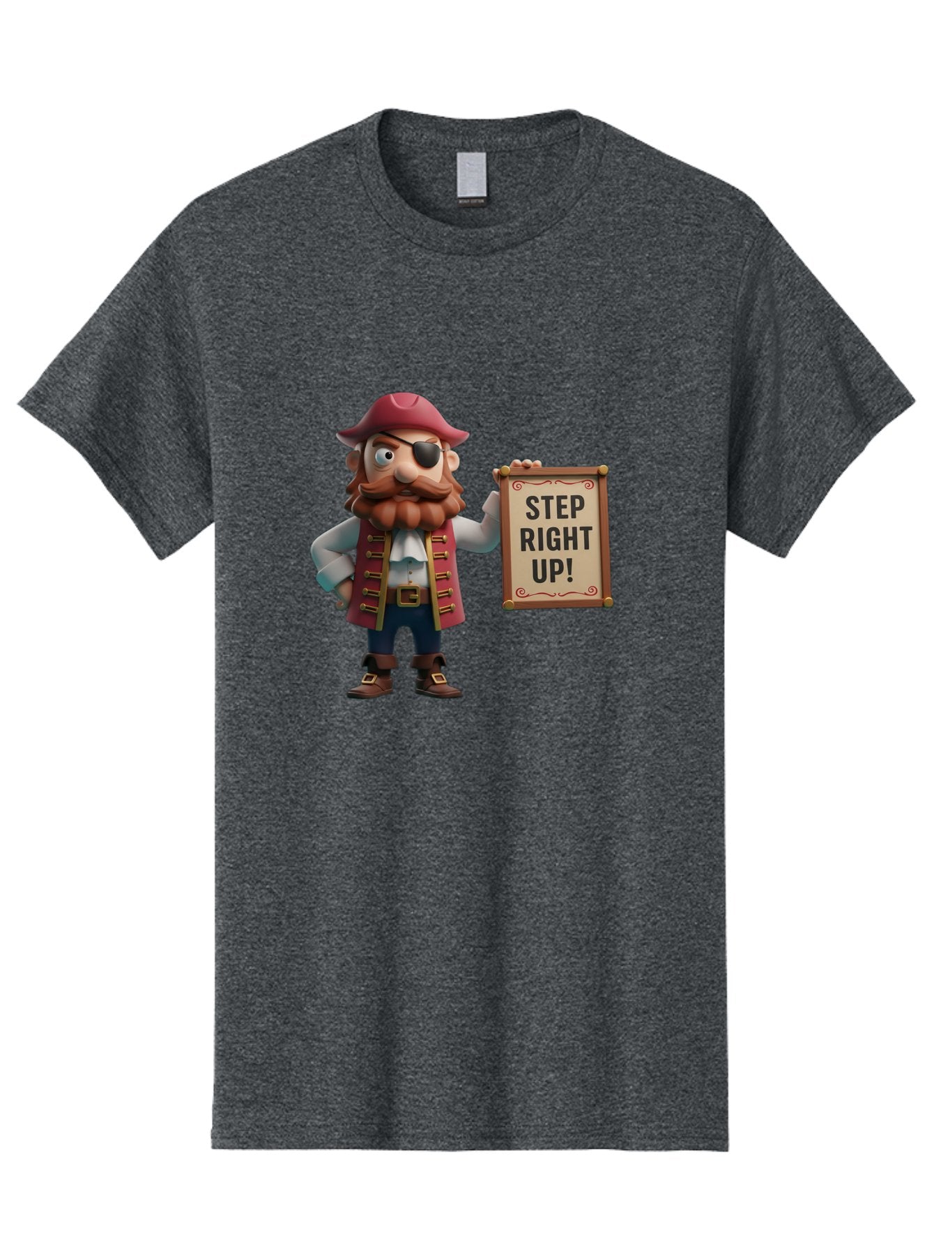 Step-Right-Up Men'S Graphic Tee, 100% Cotton, Comfortable Casual Summer Wear, Machine Washable, Pirate Character, Cartoon Illustration, Step Right Up Sign, Pirate Costume, Red Hat, Eye Patch, Curly Beard, Vintage Style, Playful Atmosphere, Bad725 4