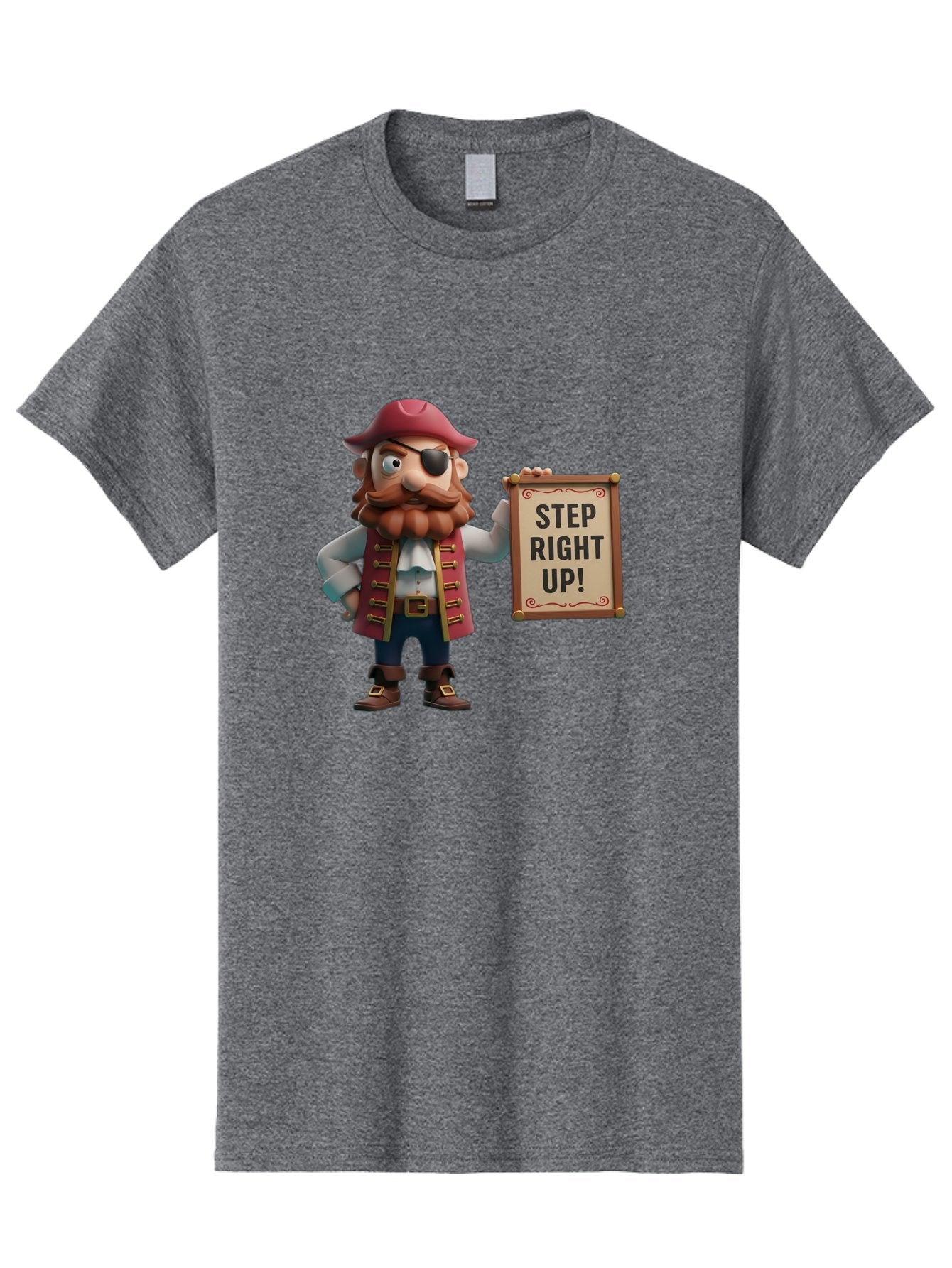 Step-Right-Up Men'S Graphic Tee, 100% Cotton, Comfortable Casual Summer Wear, Machine Washable, Pirate Character, Cartoon Illustration, Step Right Up Sign, Pirate Costume, Red Hat, Eye Patch, Curly Beard, Vintage Style, Playful Atmosphere, Bad725