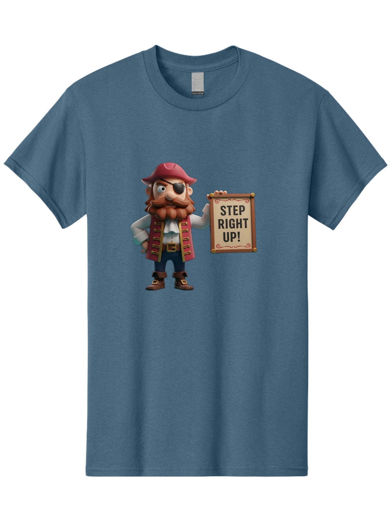 Step-Right-Up Men'S Graphic Tee, 100% Cotton, Comfortable Casual Summer Wear, Machine Washable, Pirate Character, Cartoon Illustration, Step Right Up Sign, Pirate Costume, Red Hat, Eye Patch, Curly Beard, Vintage Style, Playful Atmosphere, Bad725 11