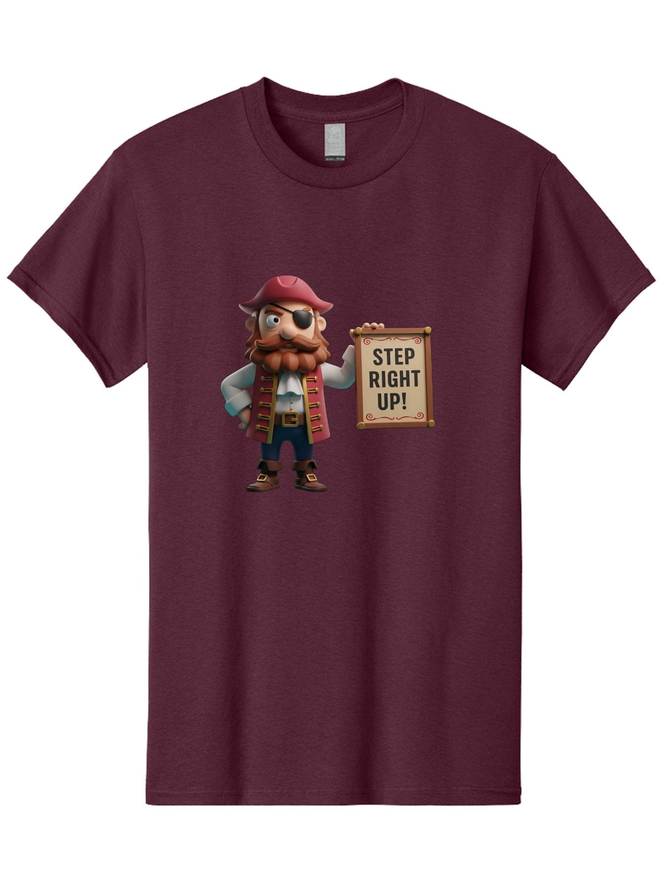 Step-Right-Up Men'S Graphic Tee, 100% Cotton, Comfortable Casual Summer Wear, Machine Washable, Pirate Character, Cartoon Illustration, Step Right Up Sign, Pirate Costume, Red Hat, Eye Patch, Curly Beard, Vintage Style, Playful Atmosphere, Bad725 3