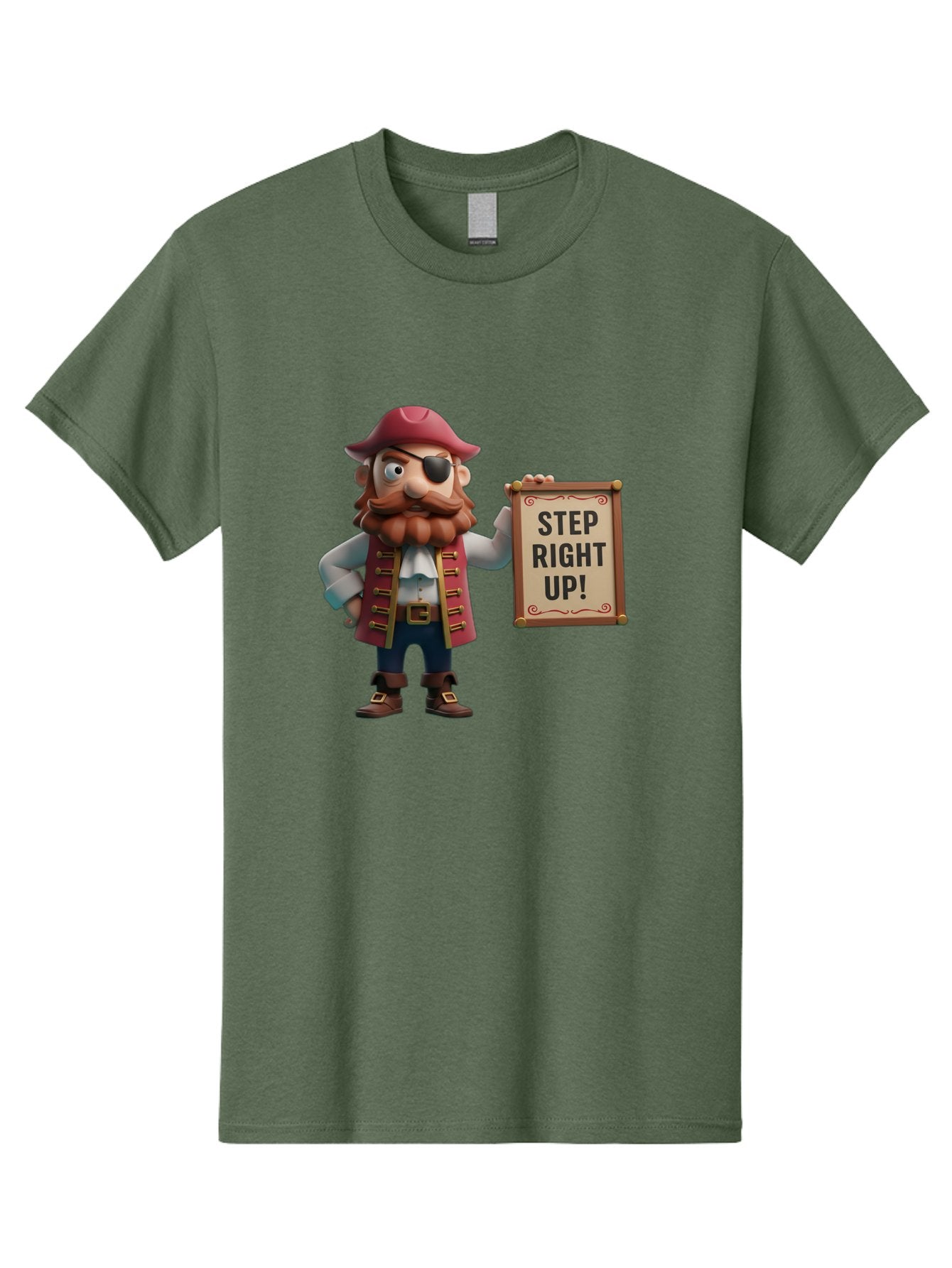 Step-Right-Up Men'S Graphic Tee, 100% Cotton, Comfortable Casual Summer Wear, Machine Washable, Pirate Character, Cartoon Illustration, Step Right Up Sign, Pirate Costume, Red Hat, Eye Patch, Curly Beard, Vintage Style, Playful Atmosphere, Bad725 5