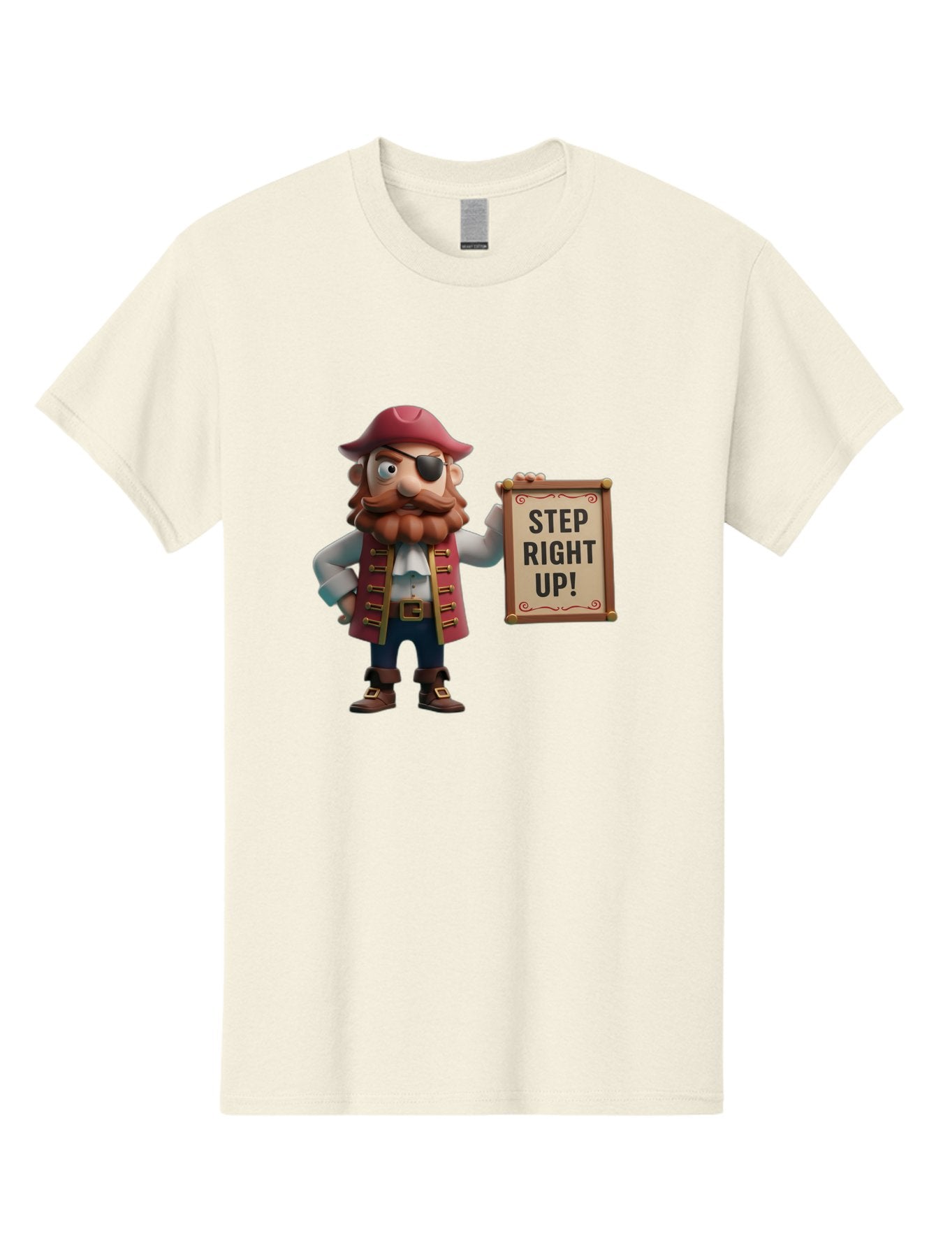 Step-Right-Up Men'S Graphic Tee, 100% Cotton, Comfortable Casual Summer Wear, Machine Washable, Pirate Character, Cartoon Illustration, Step Right Up Sign, Pirate Costume, Red Hat, Eye Patch, Curly Beard, Vintage Style, Playful Atmosphere, Bad725 14