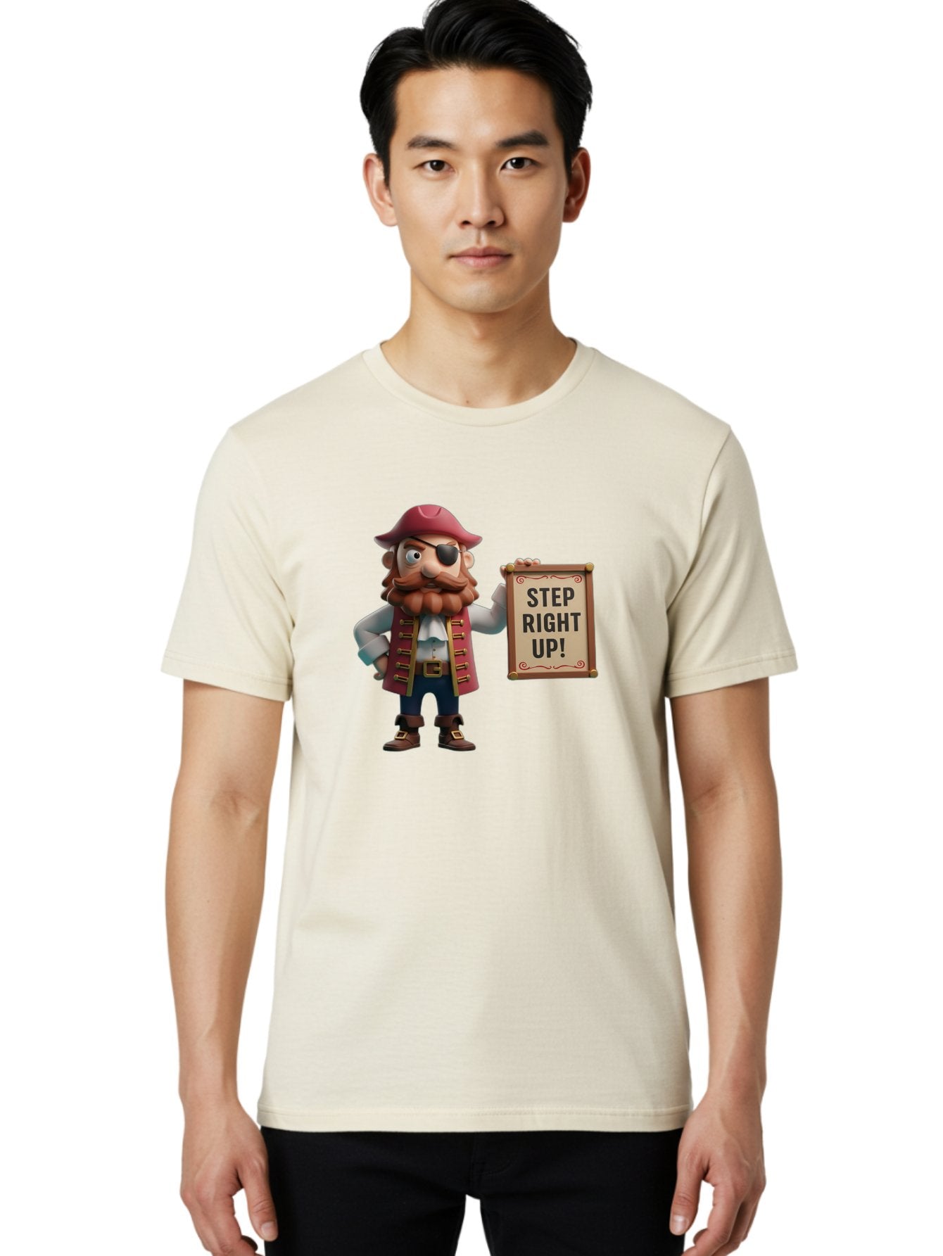 Step-Right-Up Men'S Graphic Tee, 100% Cotton, Comfortable Casual Summer Wear, Machine Washable, Pirate Character, Cartoon Illustration, Step Right Up Sign, Pirate Costume, Red Hat, Eye Patch, Curly Beard, Vintage Style, Playful Atmosphere, Bad725 29