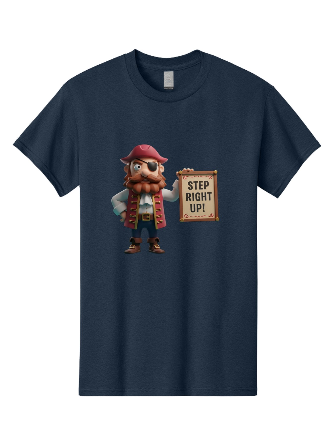 Step-Right-Up Men'S Graphic Tee, 100% Cotton, Comfortable Casual Summer Wear, Machine Washable, Pirate Character, Cartoon Illustration, Step Right Up Sign, Pirate Costume, Red Hat, Eye Patch, Curly Beard, Vintage Style, Playful Atmosphere, Bad725 12