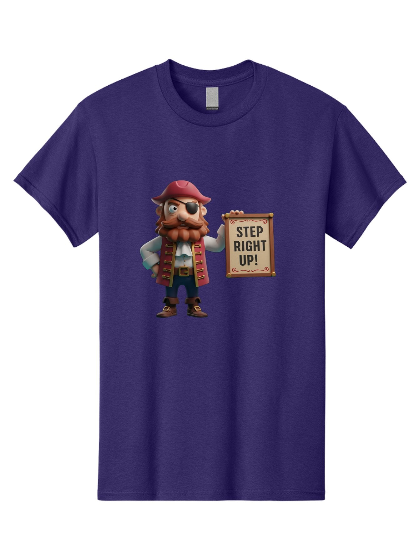 Step-Right-Up Men'S Graphic Tee, 100% Cotton, Comfortable Casual Summer Wear, Machine Washable, Pirate Character, Cartoon Illustration, Step Right Up Sign, Pirate Costume, Red Hat, Eye Patch, Curly Beard, Vintage Style, Playful Atmosphere, Bad725 7
