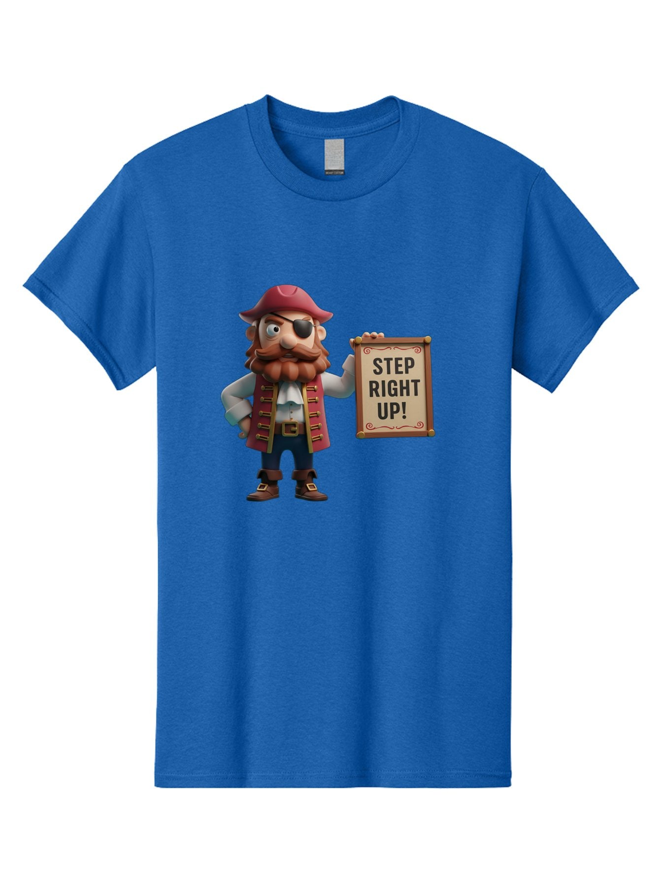 Step-Right-Up Men'S Graphic Tee, 100% Cotton, Comfortable Casual Summer Wear, Machine Washable, Pirate Character, Cartoon Illustration, Step Right Up Sign, Pirate Costume, Red Hat, Eye Patch, Curly Beard, Vintage Style, Playful Atmosphere, Bad725 13