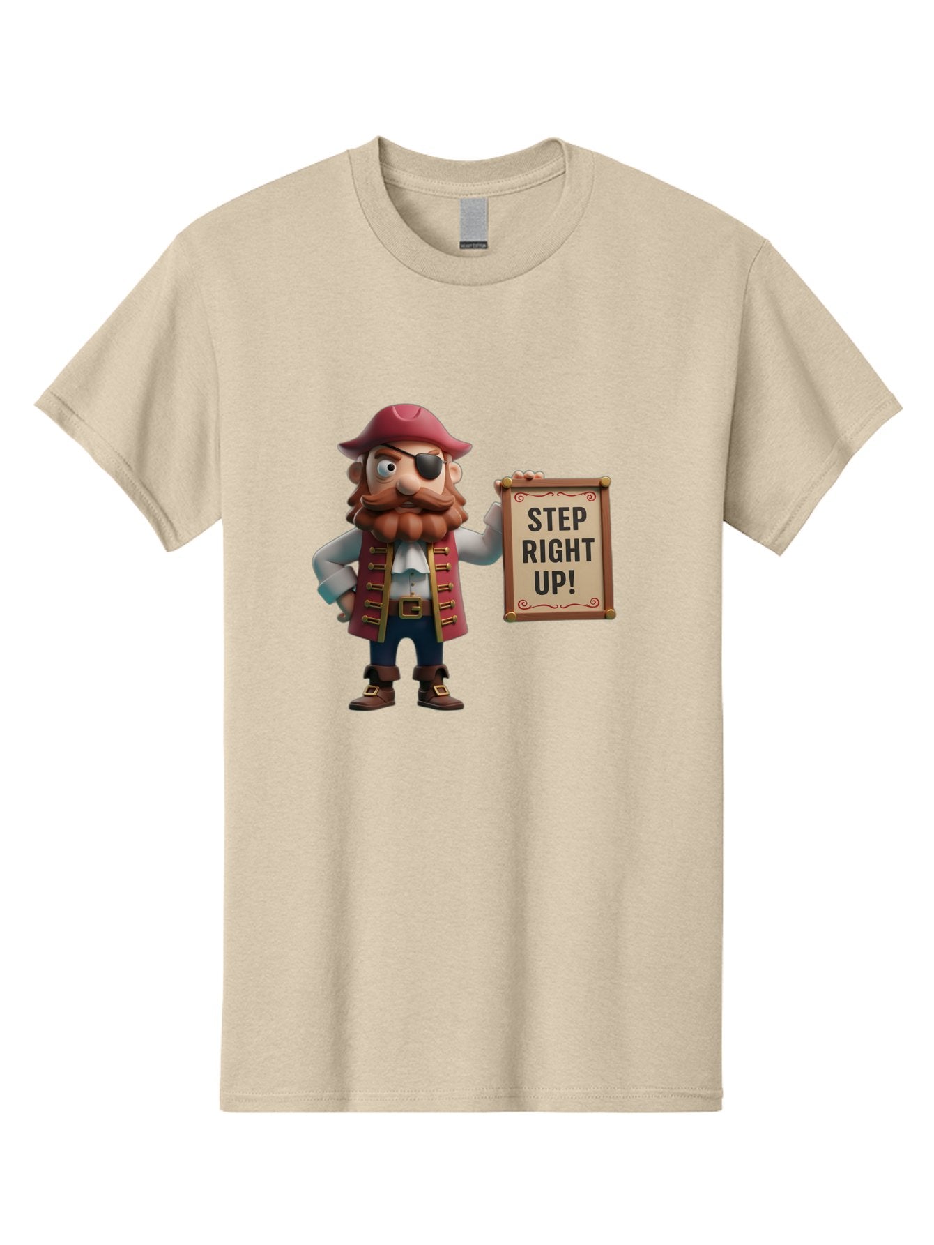 Step-Right-Up Men'S Graphic Tee, 100% Cotton, Comfortable Casual Summer Wear, Machine Washable, Pirate Character, Cartoon Illustration, Step Right Up Sign, Pirate Costume, Red Hat, Eye Patch, Curly Beard, Vintage Style, Playful Atmosphere, Bad725 6