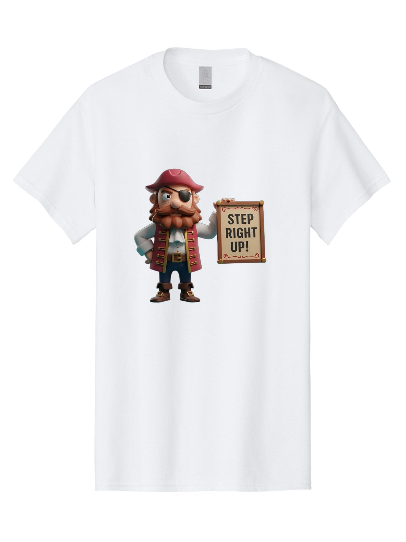 Step-Right-Up Men'S Graphic Tee, 100% Cotton, Comfortable Casual Summer Wear, Machine Washable, Pirate Character, Cartoon Illustration, Step Right Up Sign, Pirate Costume, Red Hat, Eye Patch, Curly Beard, Vintage Style, Playful Atmosphere, Bad725 9
