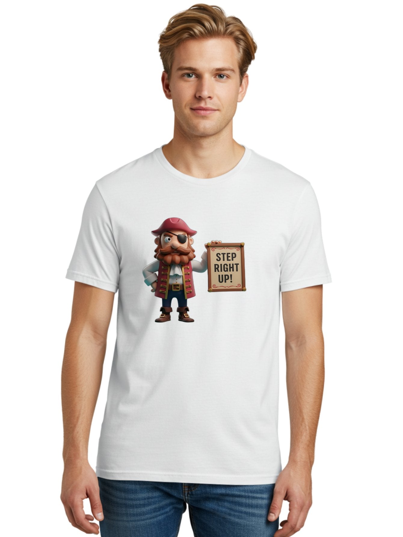 Step-Right-Up Men'S Graphic Tee, 100% Cotton, Comfortable Casual Summer Wear, Machine Washable, Pirate Character, Cartoon Illustration, Step Right Up Sign, Pirate Costume, Red Hat, Eye Patch, Curly Beard, Vintage Style, Playful Atmosphere, Bad725 26