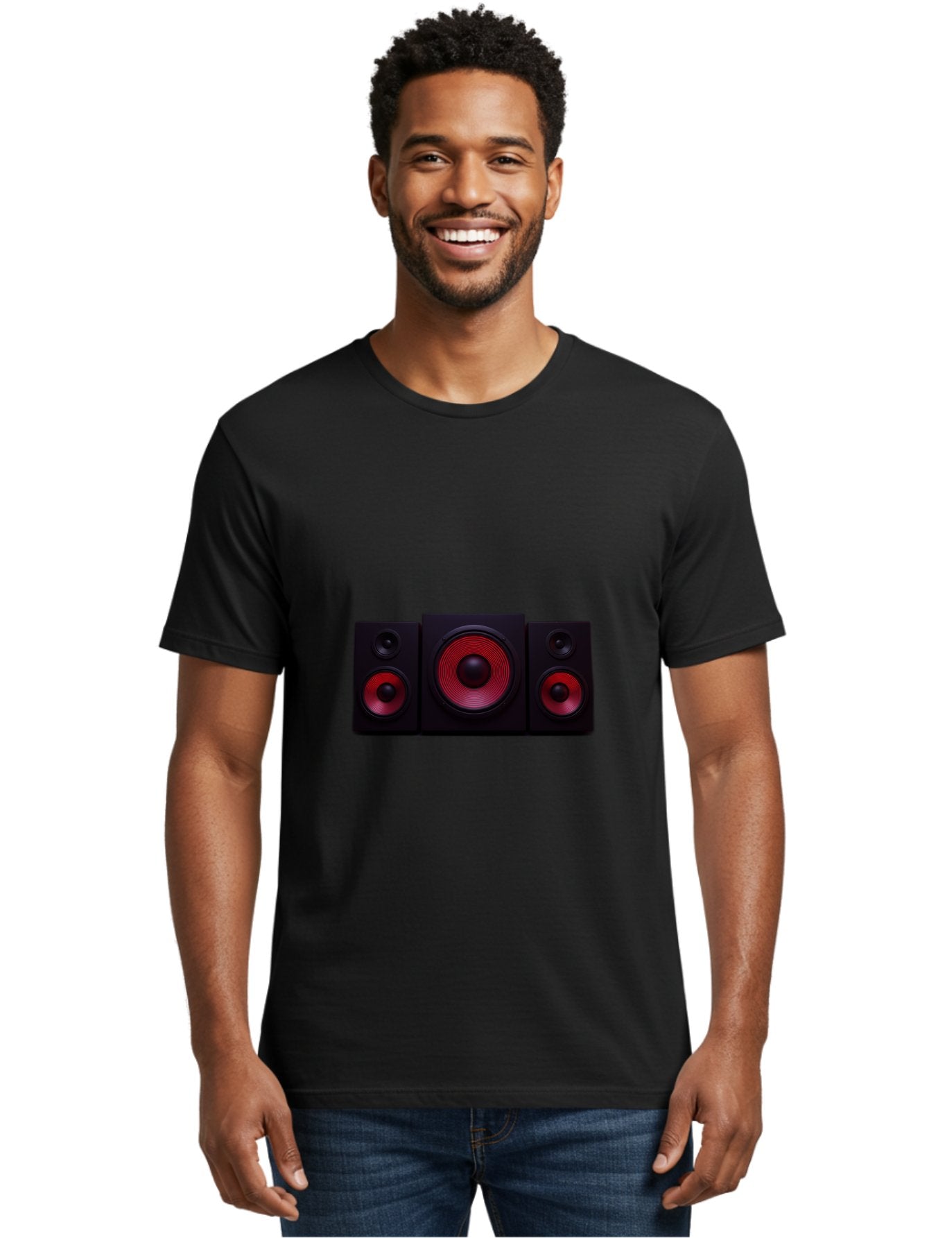 Stereo-Speakers Men'S Graphic Tee, 100% Cotton, Comfortable Casual Summer Wear, Machine Washable, Speaker System, Home Theater, Music Equipment, Audio Technology, Sound System, Subwoofer, Satellite Speakers, Black Speakers, Red Woofer, Bad726 26
