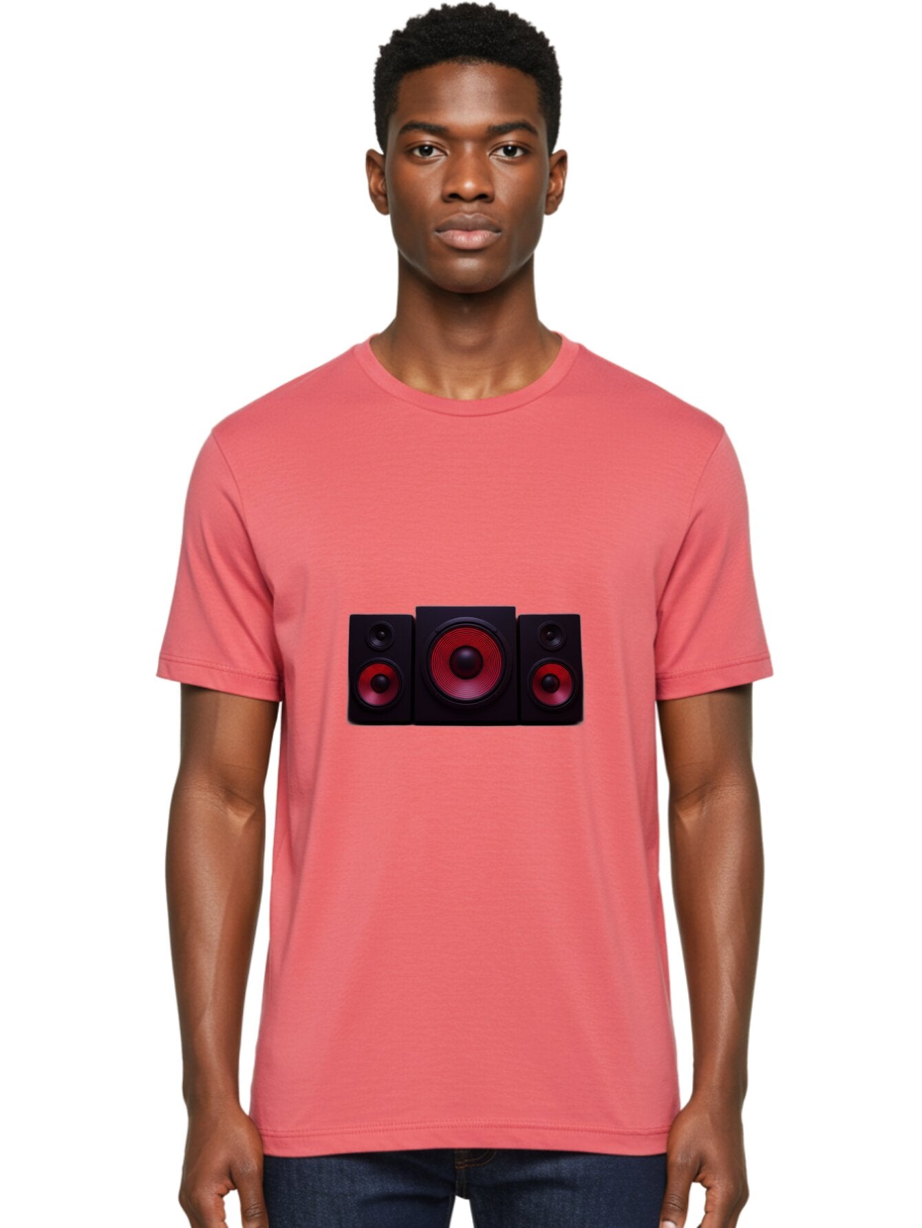 Stereo-Speakers Men'S Graphic Tee, 100% Cotton, Comfortable Casual Summer Wear, Machine Washable, Speaker System, Home Theater, Music Equipment, Audio Technology, Sound System, Subwoofer, Satellite Speakers, Black Speakers, Red Woofer, Bad726 25