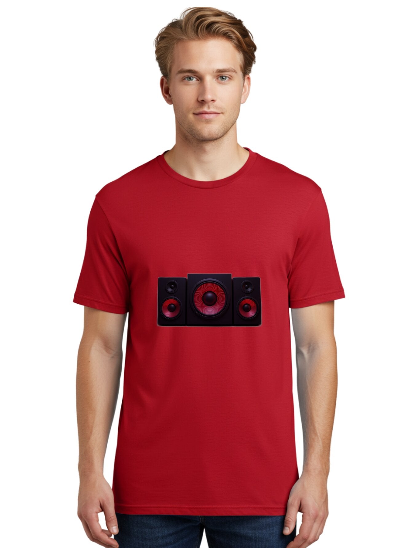 Stereo-Speakers Men'S Graphic Tee, 100% Cotton, Comfortable Casual Summer Wear, Machine Washable, Speaker System, Home Theater, Music Equipment, Audio Technology, Sound System, Subwoofer, Satellite Speakers, Black Speakers, Red Woofer, Bad726 20