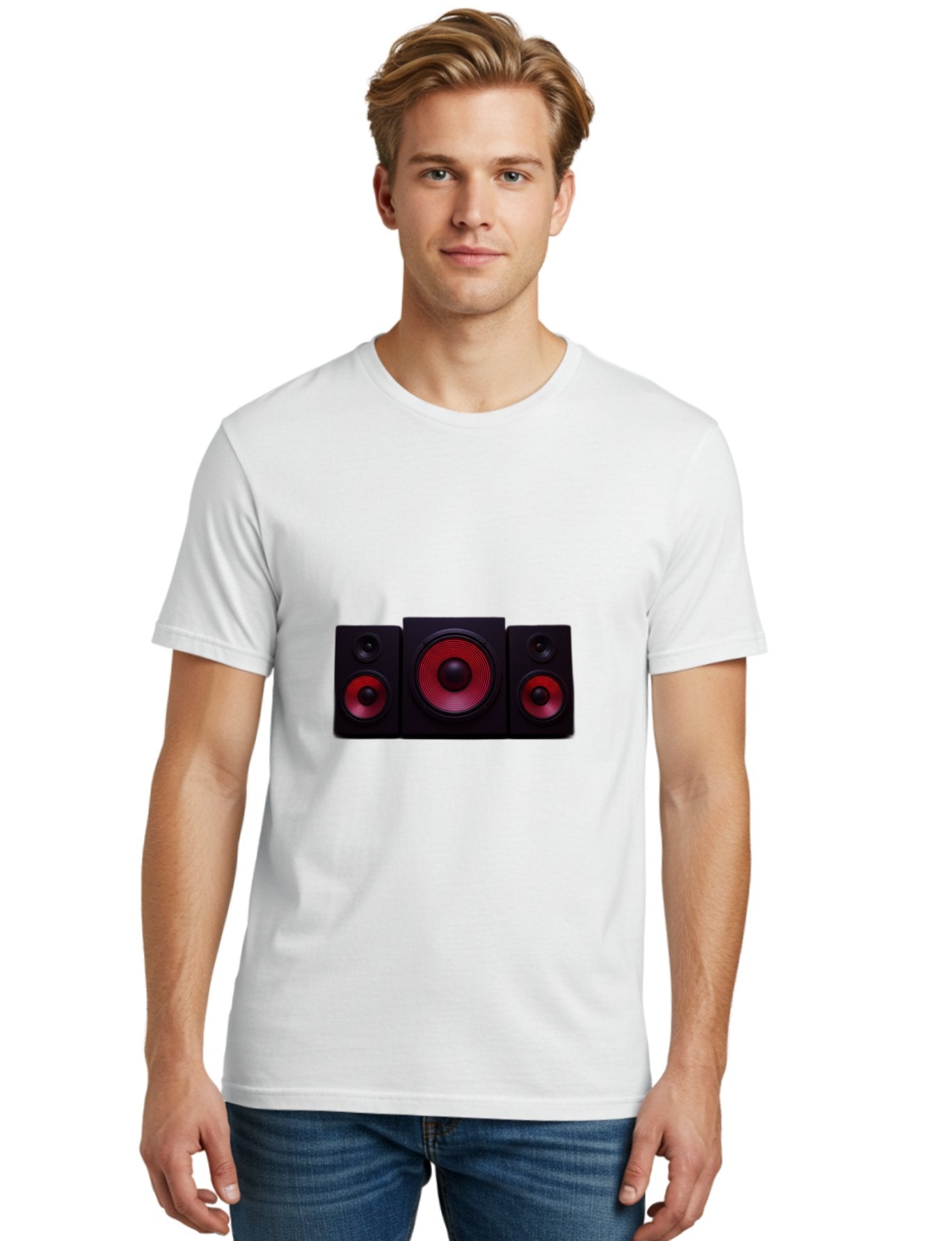 Stereo-Speakers Men'S Graphic Tee, 100% Cotton, Comfortable Casual Summer Wear, Machine Washable, Speaker System, Home Theater, Music Equipment, Audio Technology, Sound System, Subwoofer, Satellite Speakers, Black Speakers, Red Woofer, Bad726 29