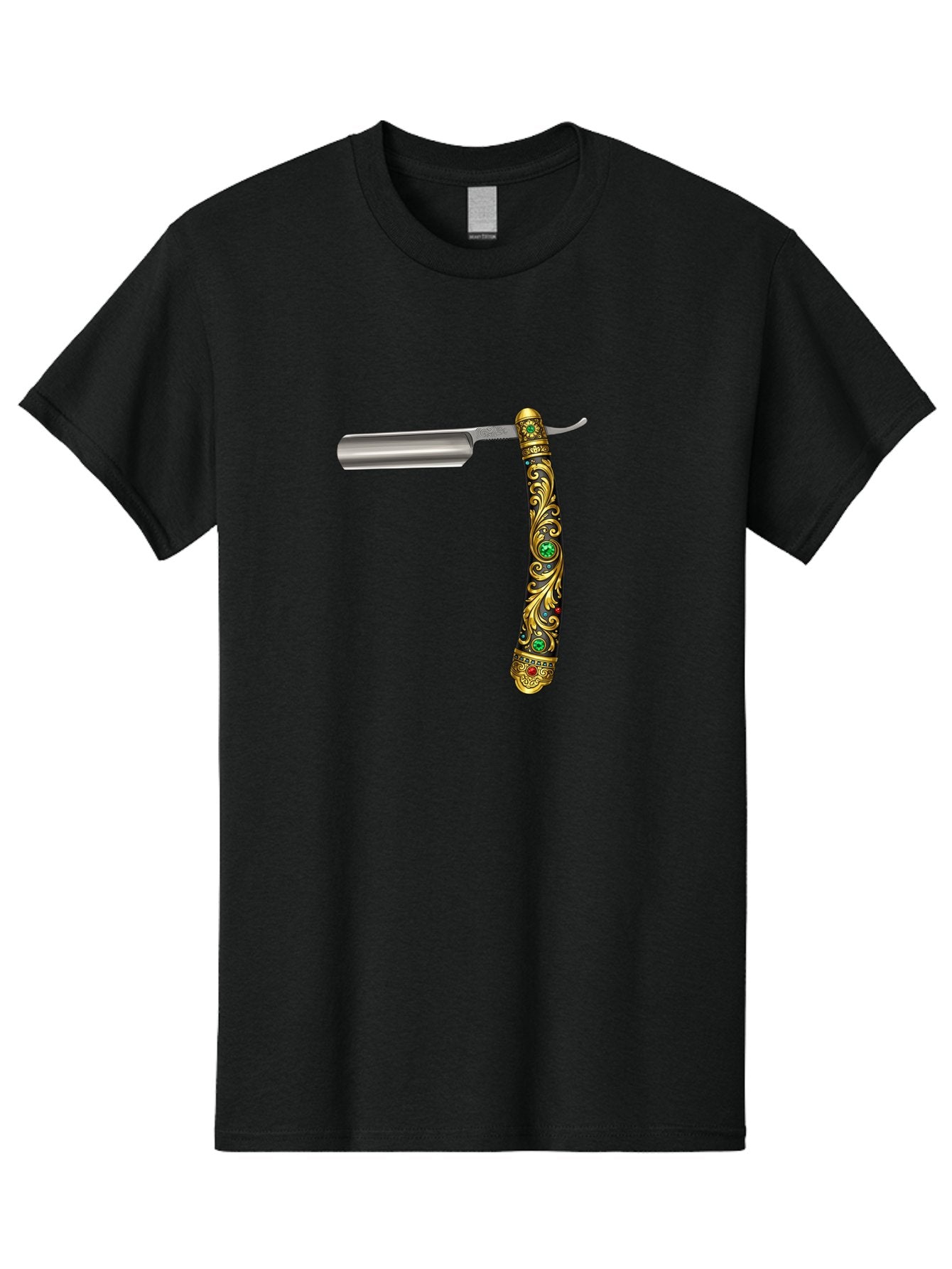 Straight-Razor-1 Men'S Graphic Tee, 100% Cotton, Comfortable Casual Summer Wear, Machine Washable, Straight Razor, Vintage Shaving, Antique Grooming, Luxurious Design, Ornate Handle, Emerald Gems, Gold Filigree, Classic Elegance, Bad727 13