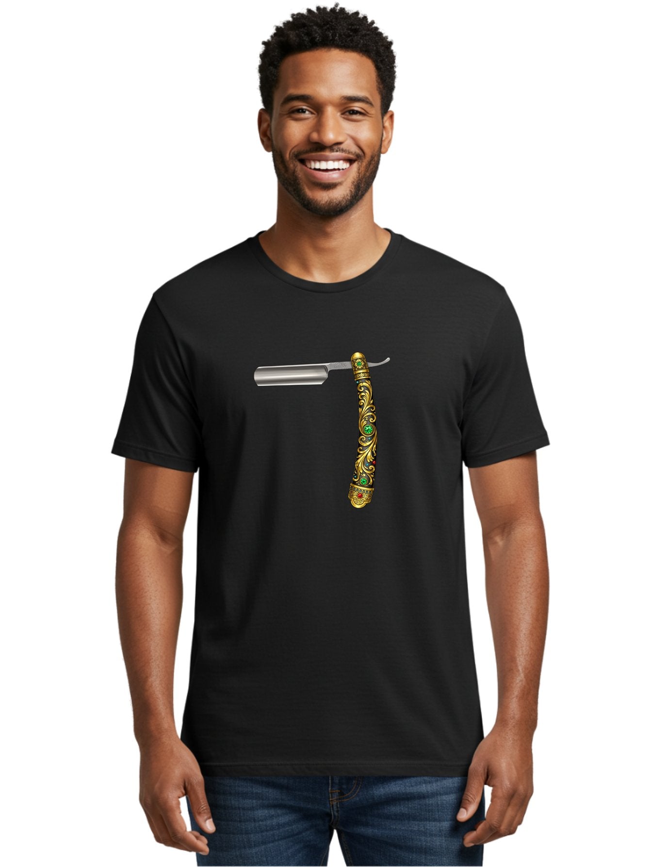 Straight-Razor-1 Men'S Graphic Tee, 100% Cotton, Comfortable Casual Summer Wear, Machine Washable, Straight Razor, Vintage Shaving, Antique Grooming, Luxurious Design, Ornate Handle, Emerald Gems, Gold Filigree, Classic Elegance, Bad727 20