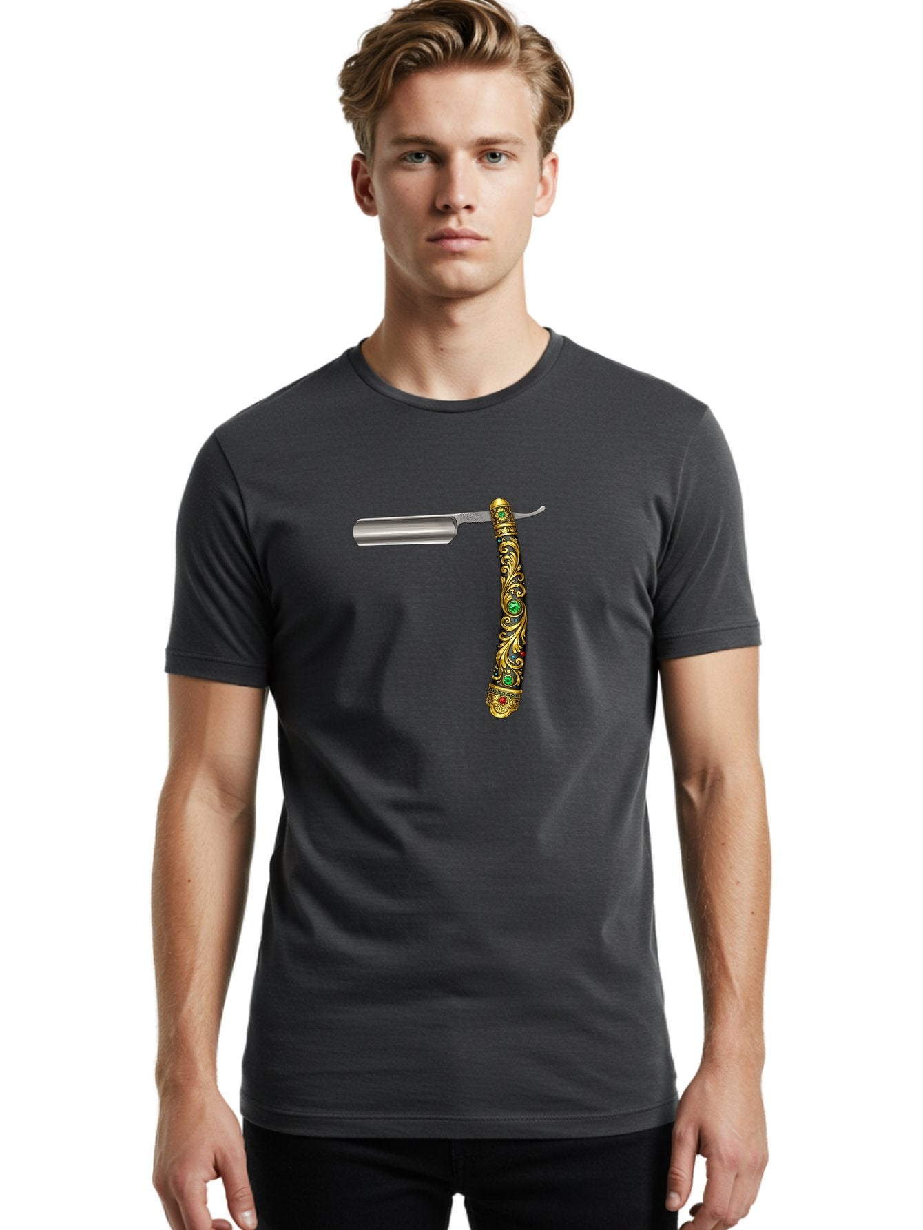 Straight-Razor-1 Men'S Graphic Tee, 100% Cotton, Comfortable Casual Summer Wear, Machine Washable, Straight Razor, Vintage Shaving, Antique Grooming, Luxurious Design, Ornate Handle, Emerald Gems, Gold Filigree, Classic Elegance, Bad727 27