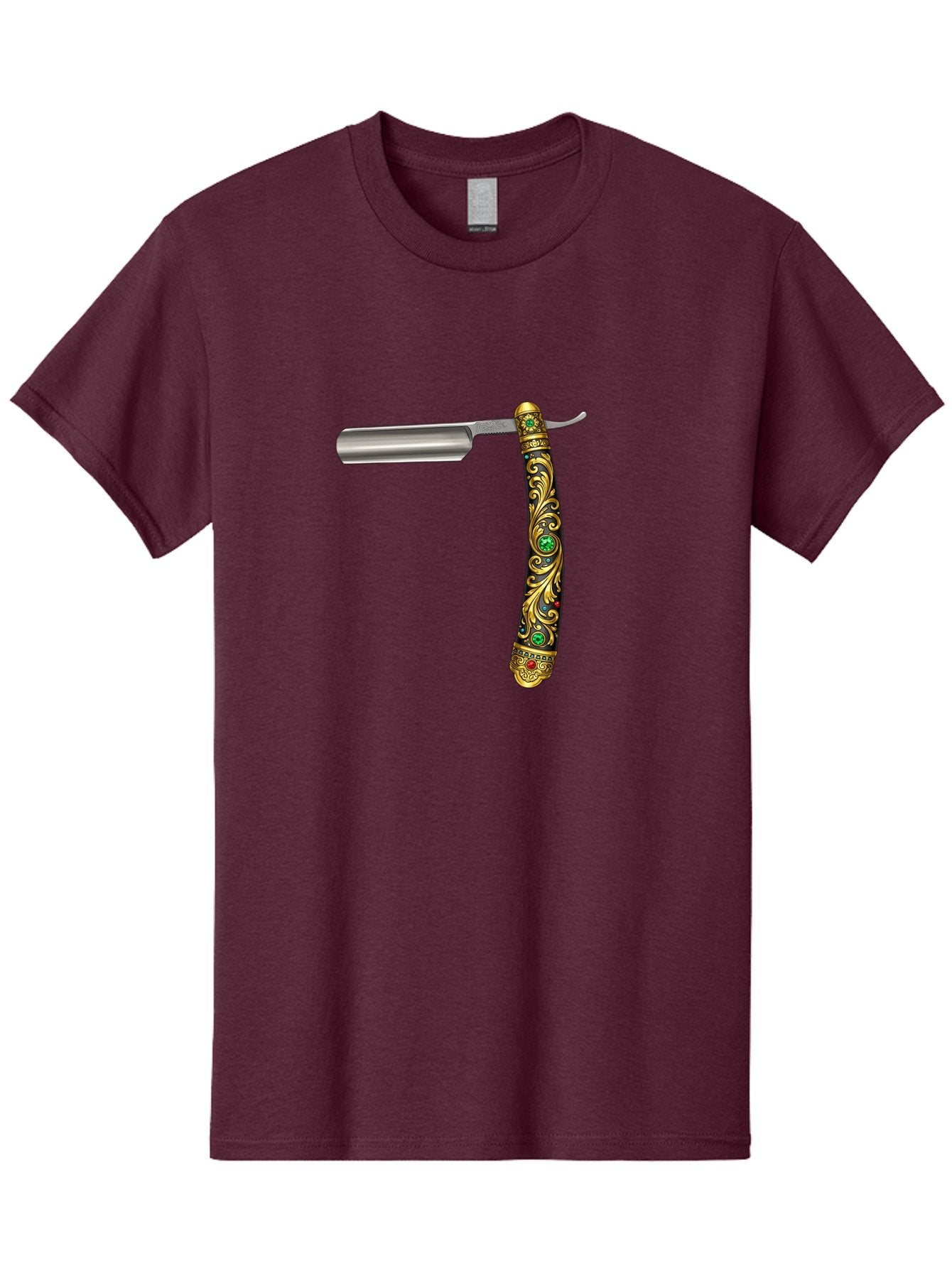 Straight-Razor-1 Men'S Graphic Tee, 100% Cotton, Comfortable Casual Summer Wear, Machine Washable, Straight Razor, Vintage Shaving, Antique Grooming, Luxurious Design, Ornate Handle, Emerald Gems, Gold Filigree, Classic Elegance, Bad727 15