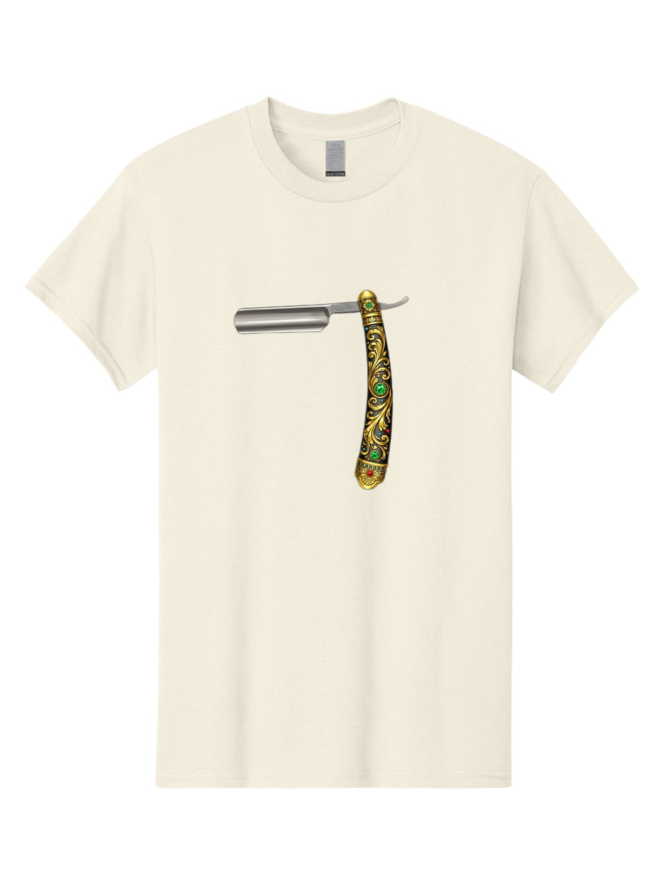 Straight-Razor-1 Men'S Graphic Tee, 100% Cotton, Comfortable Casual Summer Wear, Machine Washable, Straight Razor, Vintage Shaving, Antique Grooming, Luxurious Design, Ornate Handle, Emerald Gems, Gold Filigree, Classic Elegance, Bad727 7