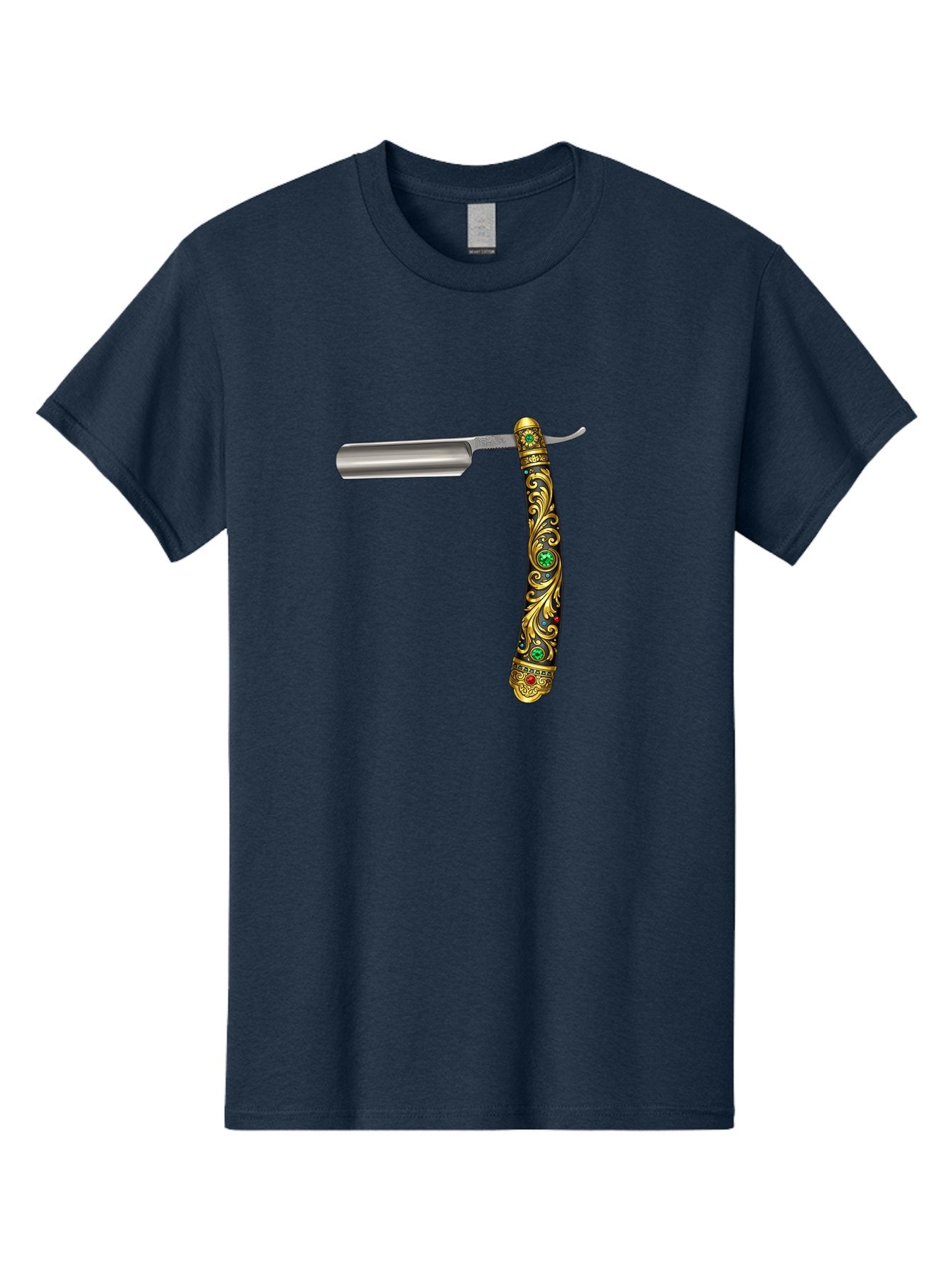 Straight-Razor-1 Men'S Graphic Tee, 100% Cotton, Comfortable Casual Summer Wear, Machine Washable, Straight Razor, Vintage Shaving, Antique Grooming, Luxurious Design, Ornate Handle, Emerald Gems, Gold Filigree, Classic Elegance, Bad727 12