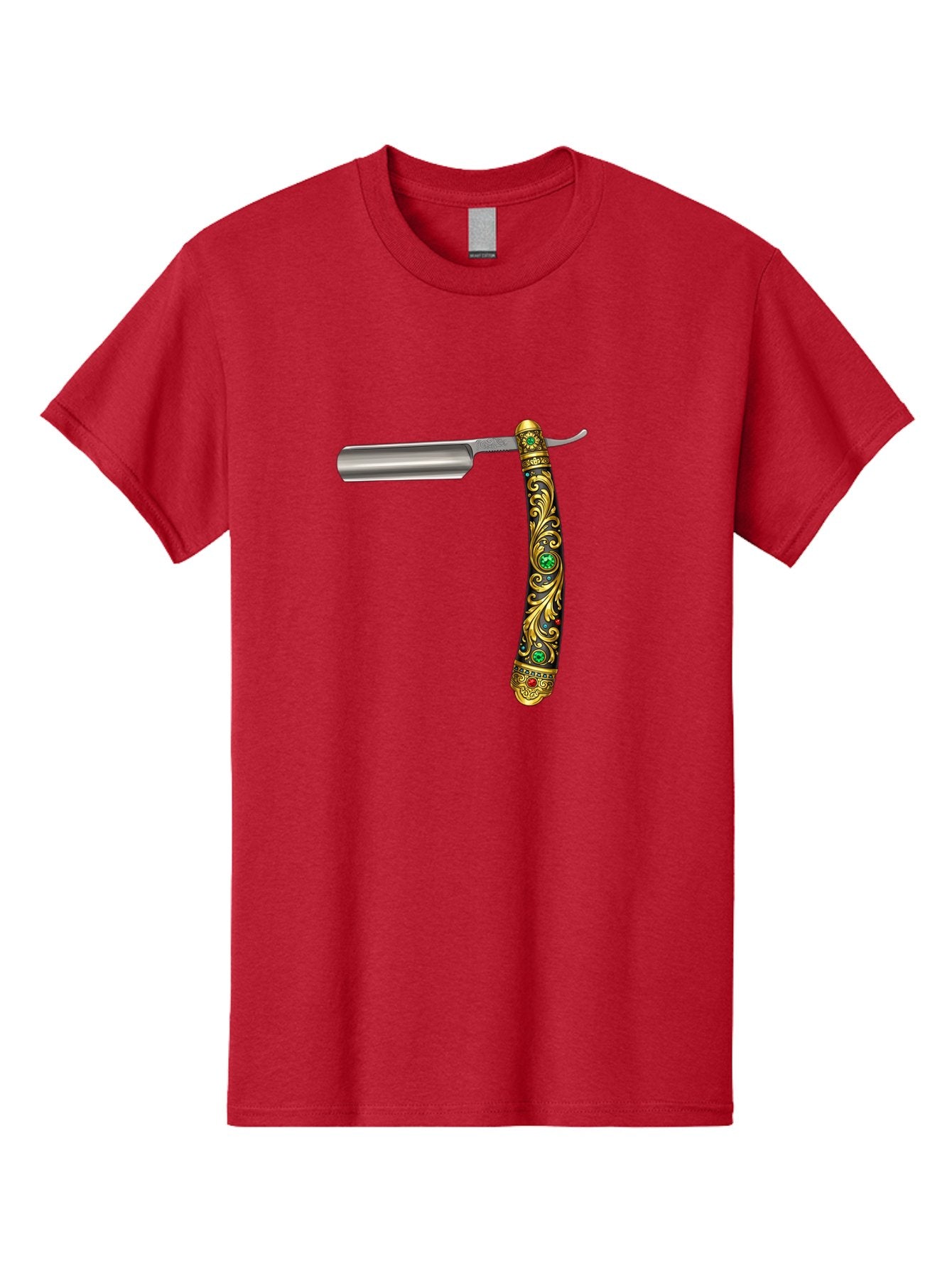 Straight-Razor-1 Men'S Graphic Tee, 100% Cotton, Comfortable Casual Summer Wear, Machine Washable, Straight Razor, Vintage Shaving, Antique Grooming, Luxurious Design, Ornate Handle, Emerald Gems, Gold Filigree, Classic Elegance, Bad727 9
