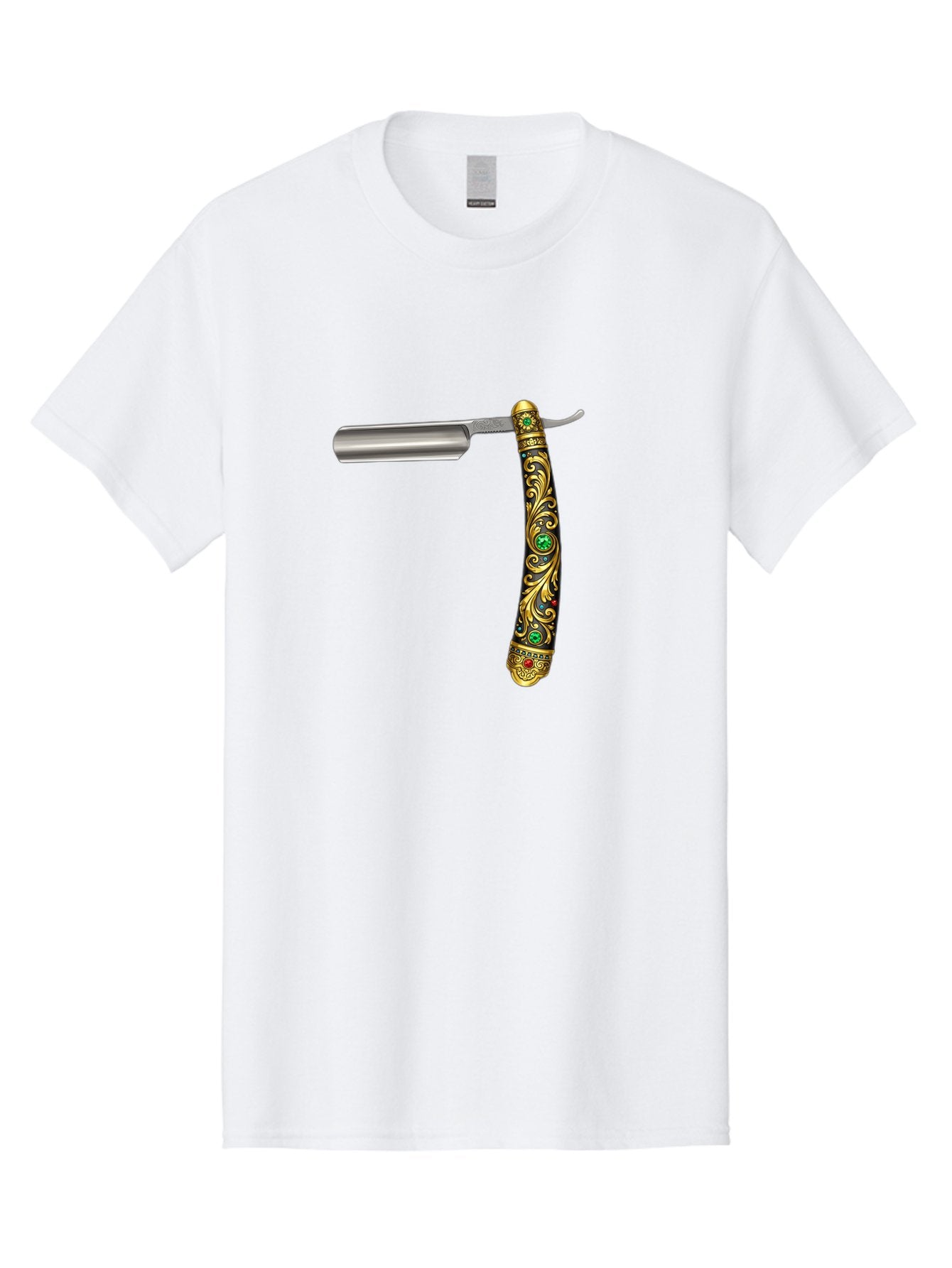 Straight-Razor-1 Men'S Graphic Tee, 100% Cotton, Comfortable Casual Summer Wear, Machine Washable, Straight Razor, Vintage Shaving, Antique Grooming, Luxurious Design, Ornate Handle, Emerald Gems, Gold Filigree, Classic Elegance, Bad727 14