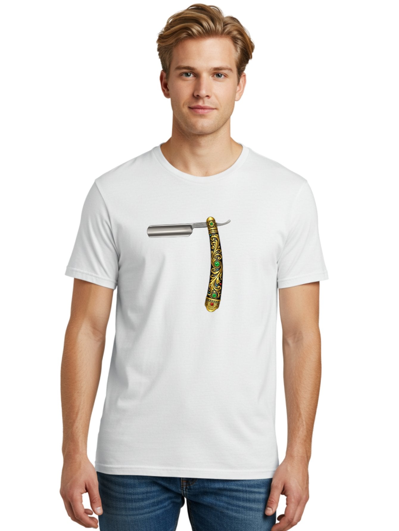 Straight-Razor-1 Men'S Graphic Tee, 100% Cotton, Comfortable Casual Summer Wear, Machine Washable, Straight Razor, Vintage Shaving, Antique Grooming, Luxurious Design, Ornate Handle, Emerald Gems, Gold Filigree, Classic Elegance, Bad727 29