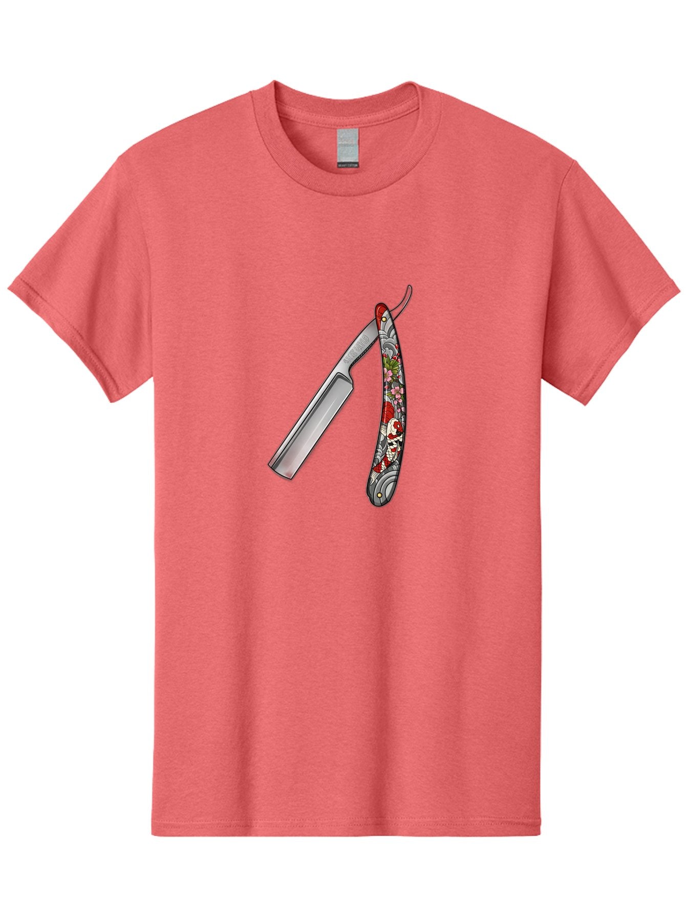 Straight-Razor-3 Men'S Graphic Tee, 100% Cotton, Comfortable Casual Summer Wear, Machine Washable, Straight Razor, Shaving Tool, Traditional Grooming, Floral Design, Vintage Style, Metal Blade, Ornate Handle, Grooming Essentials, Bad729