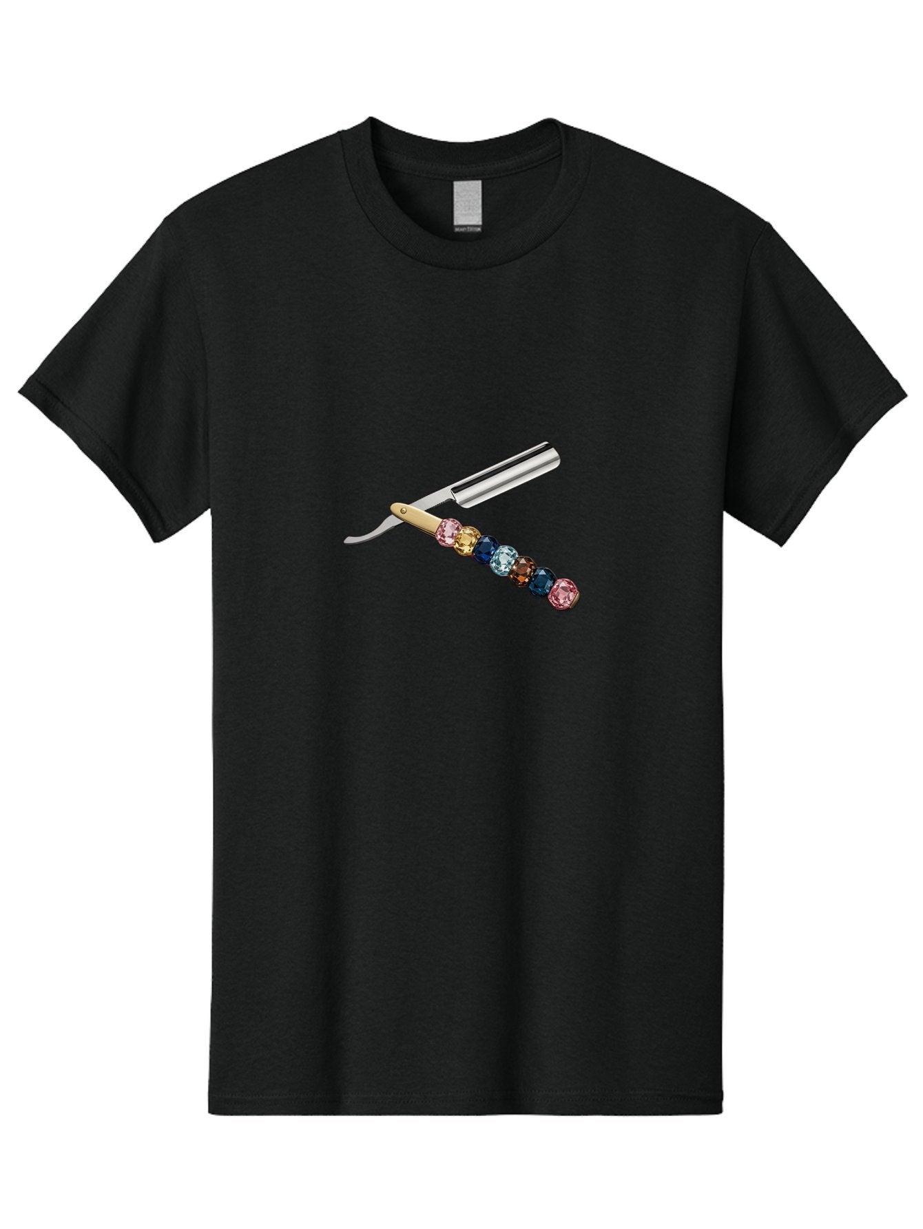 Straight-Razor-7 Men'S Graphic Tee, 100% Cotton, Comfortable Casual Summer Wear, Machine Washable, Straight Razor, Shaving Tool, Sharp Blade, Metallic Finish, Rhinestone Handle, Multi-Colored Gems, Luxurious Grooming, Vintage Shaving, Bad733 4